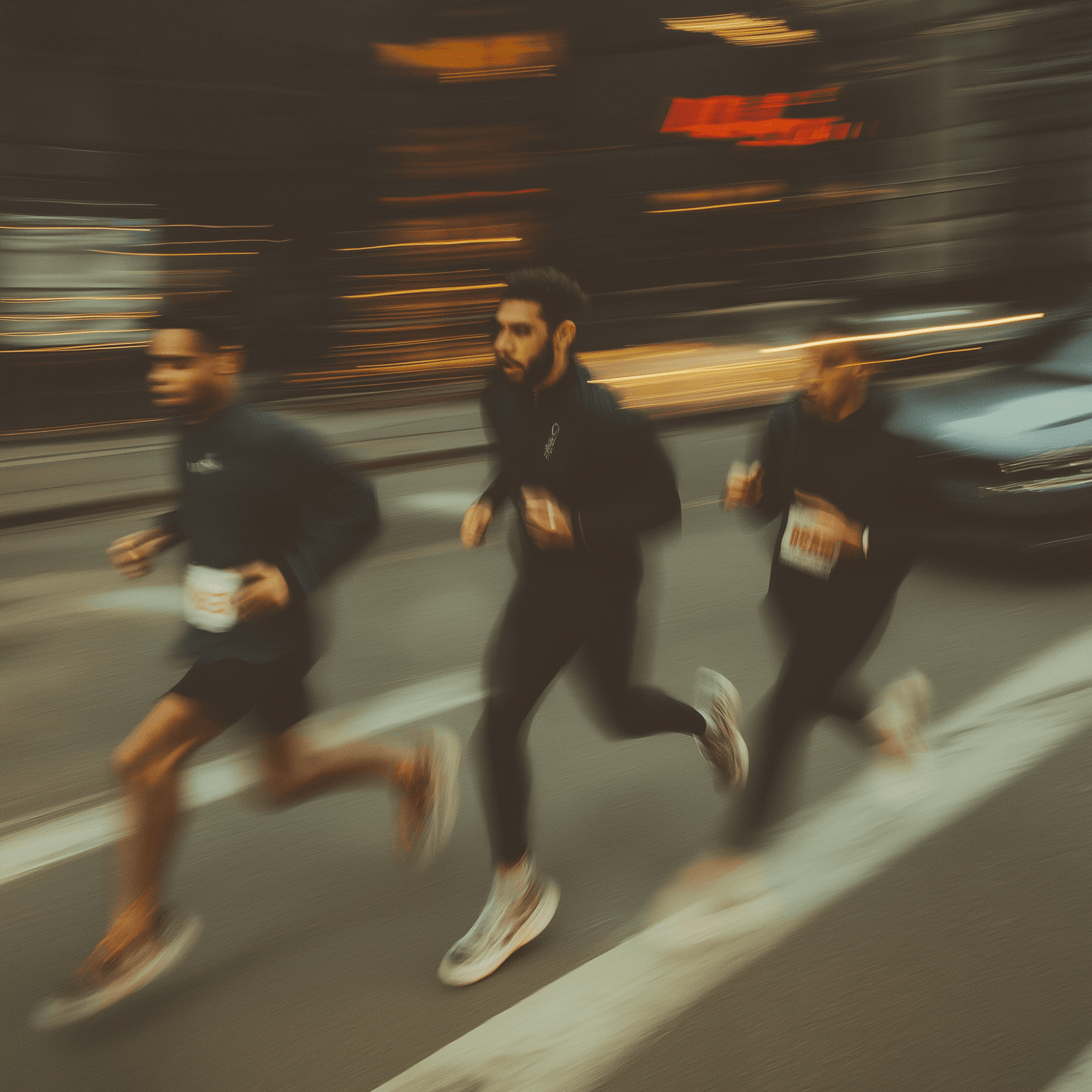 Three people running on the city street, blurred background, blurred motion effect, dynamic movement, clear details, long exposure, photo taken with a Canon DSLR camera., wide-angle perspective