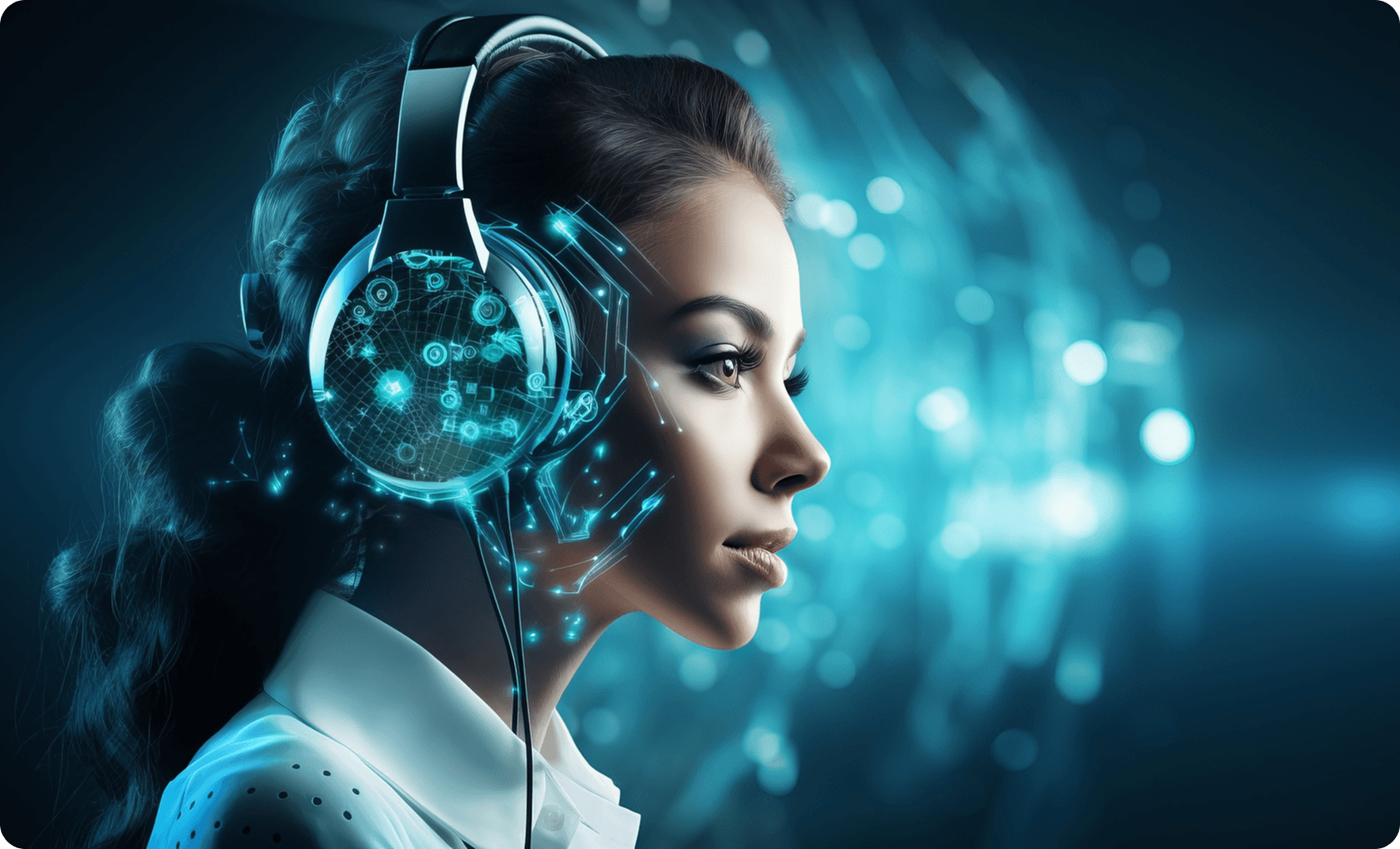 Futuristic person listening to music on ultra modern headphones