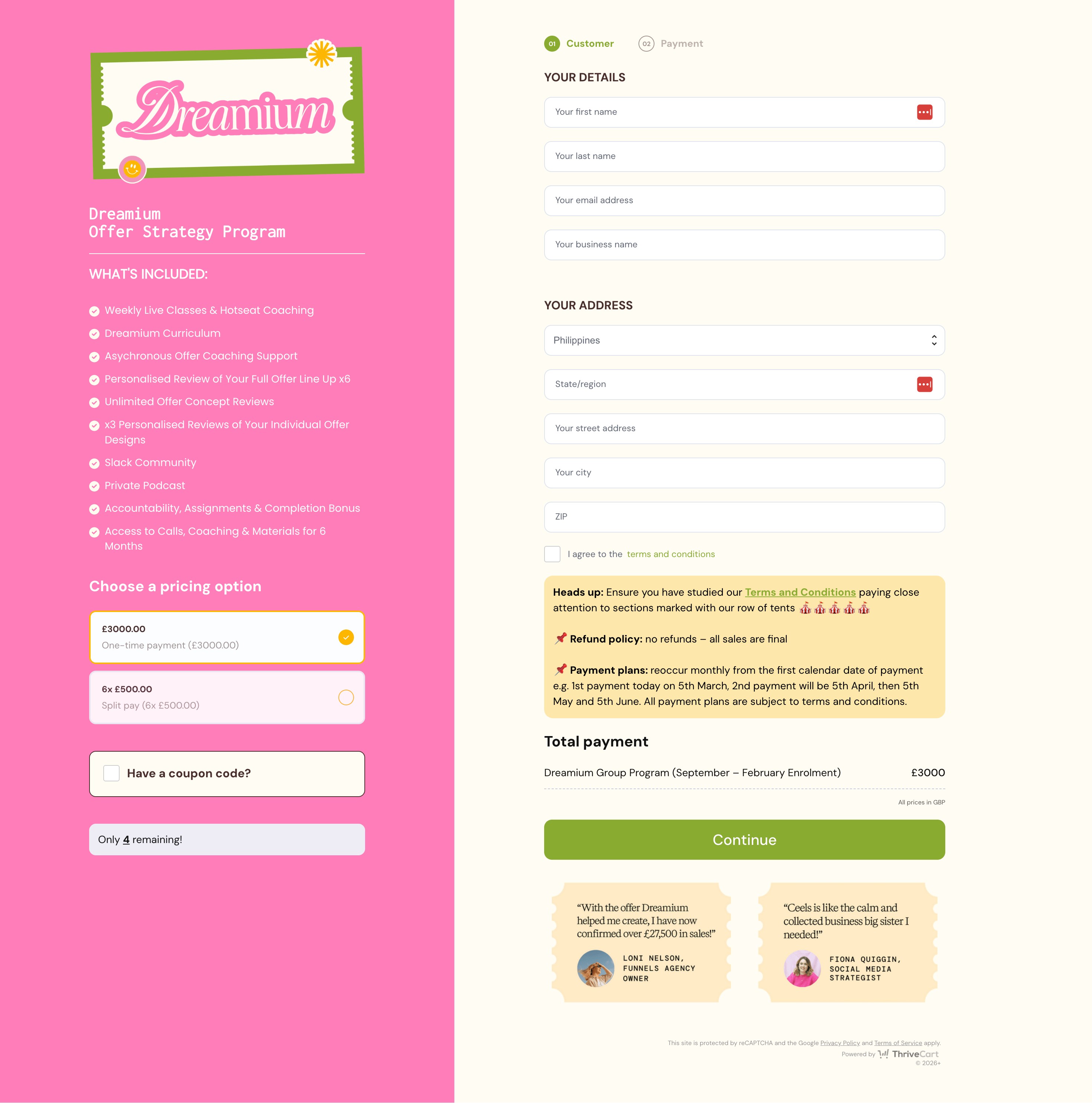 Thrivecart checkout cart for Dreamium