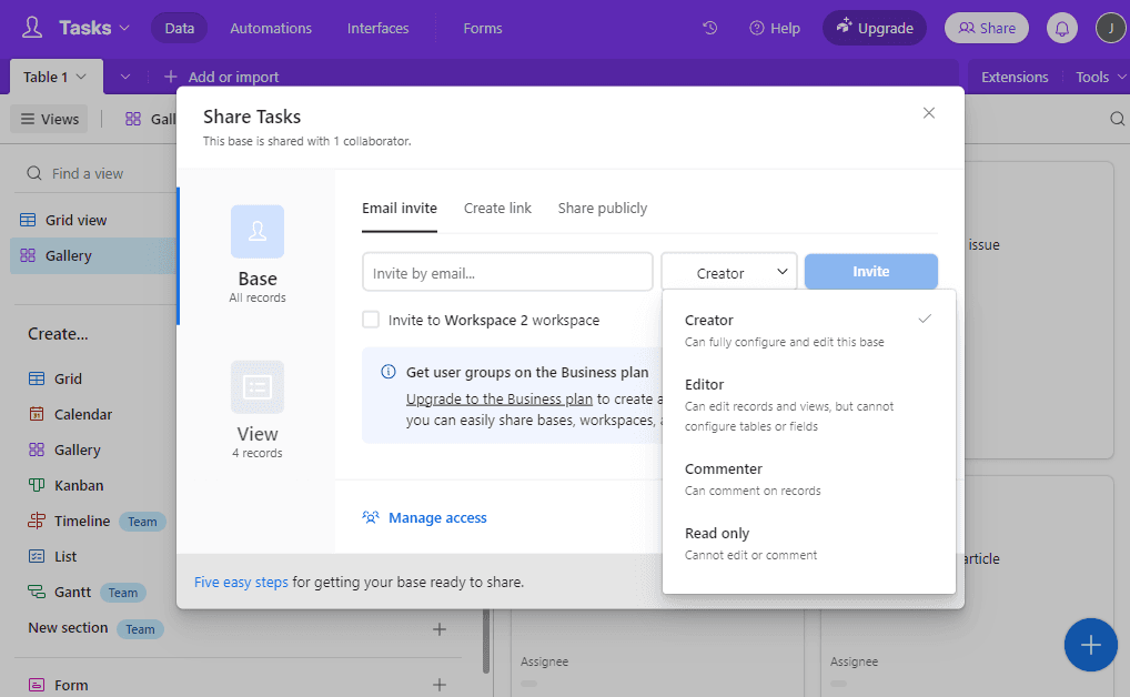 Airtable invite page highlighting how you can add users through emails and regulate their access.