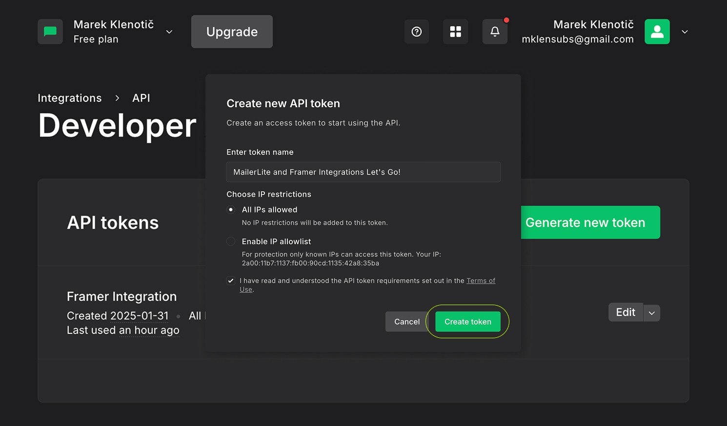 Screenshot of a developer dashboard displaying developer information, settings, and tools on a dark interface.