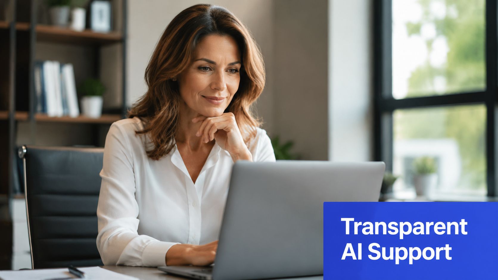 A professional woman working on her laptop in a modern office with transparent AI support branding.