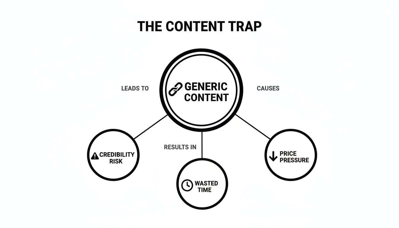 The Content Trap diagram, explaining how generic content causes credibility risk, wasted time, and price pressure.