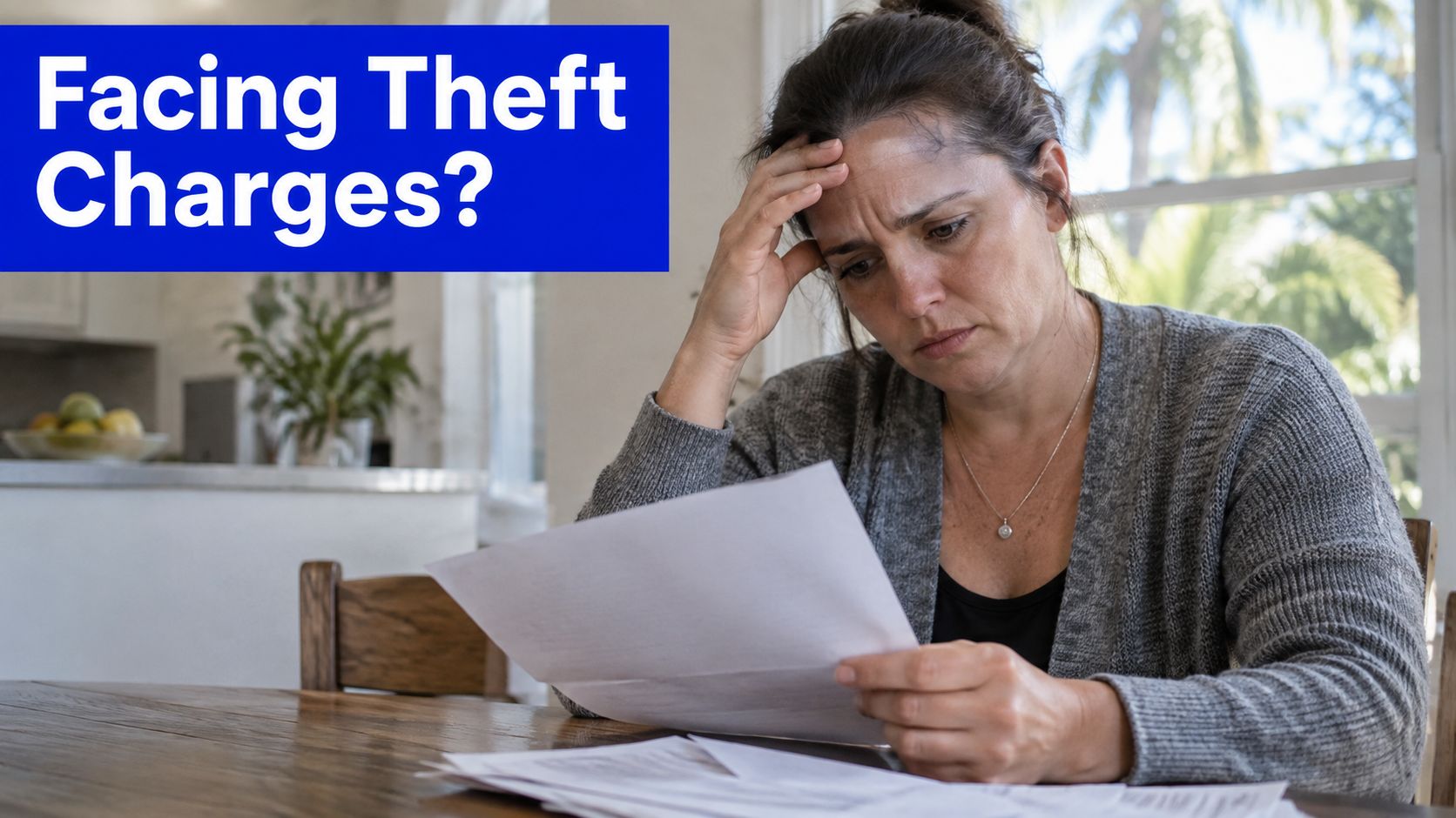 A distressed woman sitting at a wooden table holding and looking at legal documents at home.