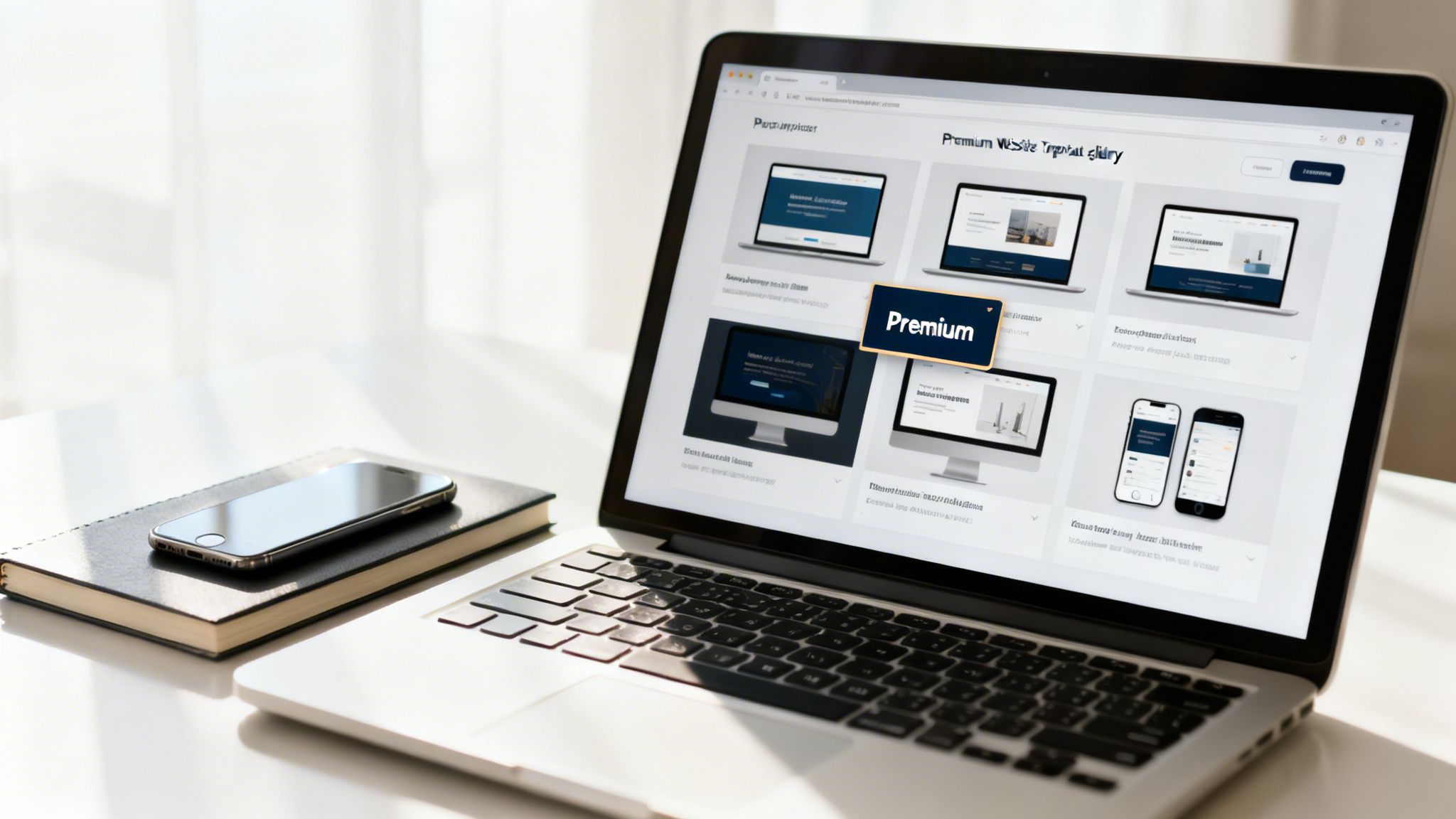 A laptop displays a 'Premium Website Template Gallery' with various website designs, a smartphone, and a notebook on a white desk.