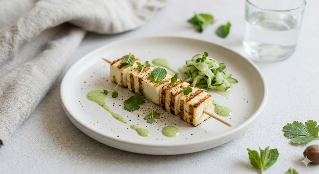 A close-up view of a minimalist plate of grilled paneer skewers, seasoned and garnished with fresh mint leaves and microgreens, served with a side of spiraled cucumber salad and a light green dipping sauce.