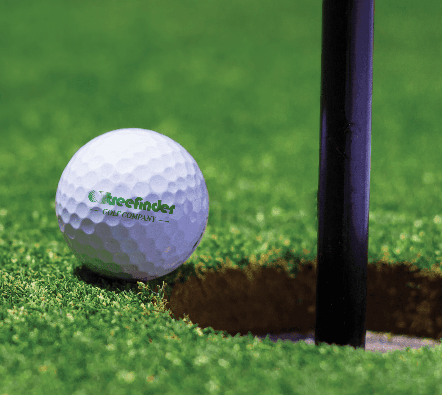 Graphic design mockup of golf ball for Treefinder Golf Company — bold, wordmark style logo with sans serif typography, designed by Will Lefkovich.