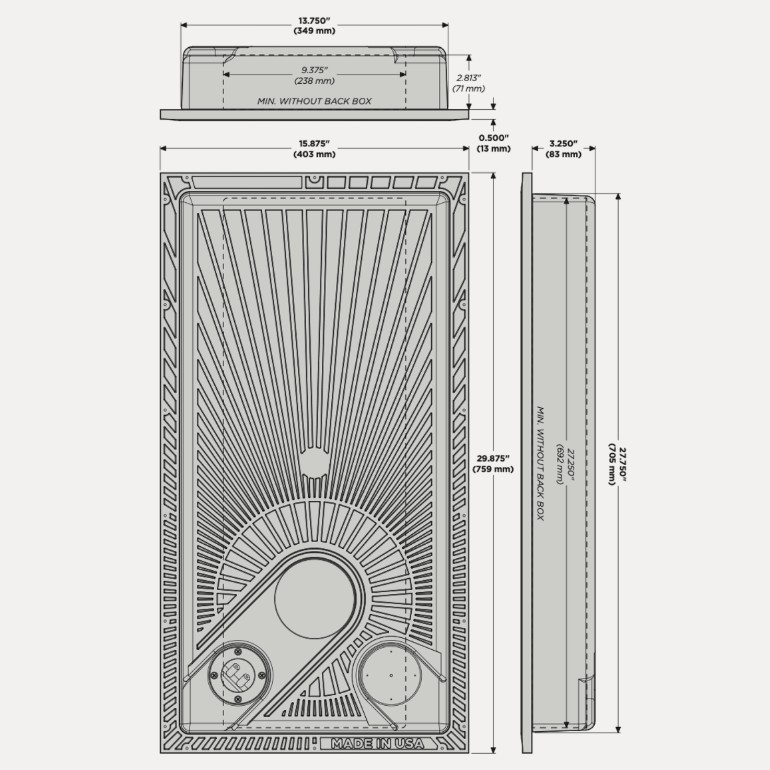 Technical drawing with dimensions of a rectangular grate.