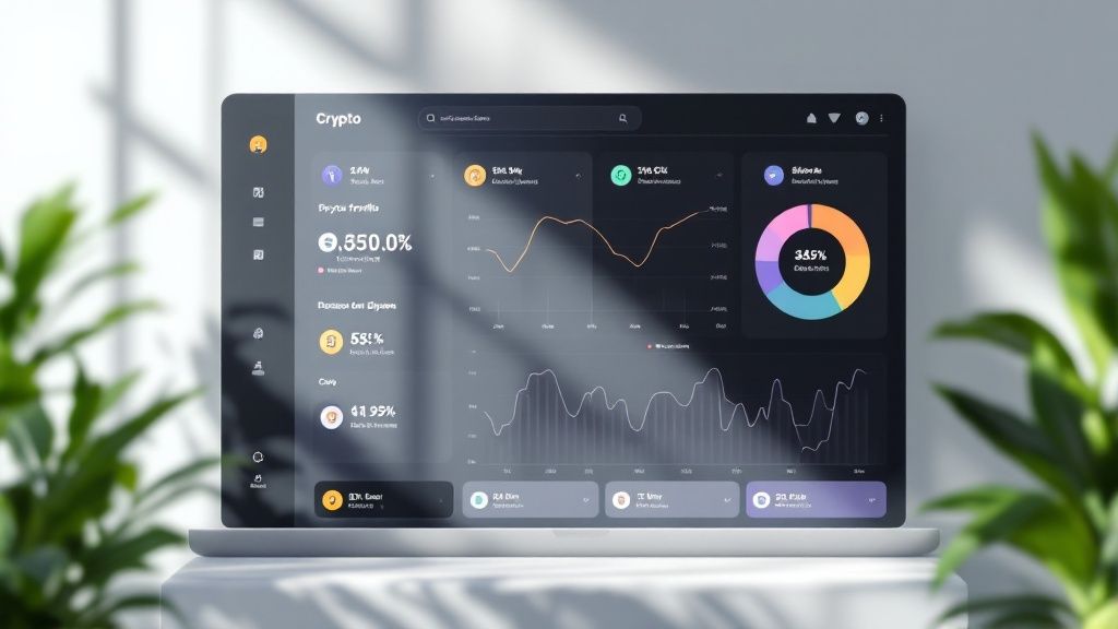 A person looking stressed while working on a laptop with charts and graphs in the background.
