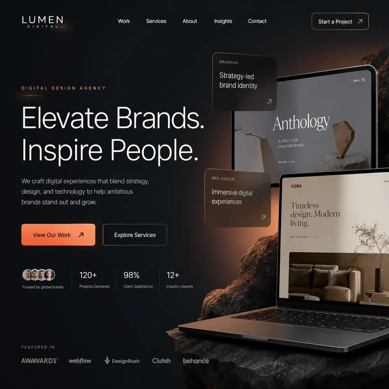 Lumen Digital agency homepage showing branding and web design work displayed on laptop and tablet screens