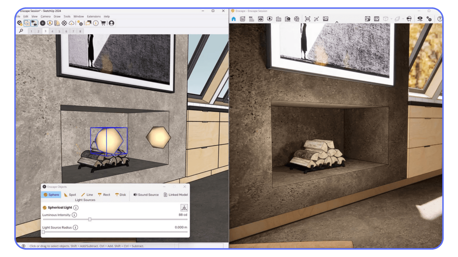 Side-by-side comparison of a SketchUp lighting setup interface on the left and the final Enscape rendered fireplace scene on the right.
