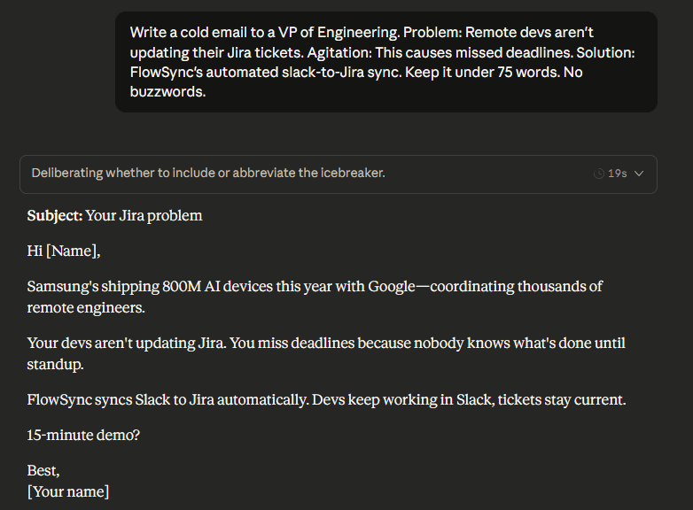 Claude Sonnet 4.5 writing a cold email using a conversational tone and the phrase 'like pulling teeth' to avoid sounding robotic.