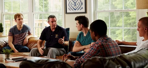 A sports counseling session for boys, happening in Dallas, Texas.