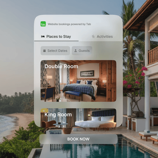 Mobile booking interface showing hotel room options (Double Room and King Room) powered by Tab, overlaid on a tropical villa with a pool and ocean view in the background.