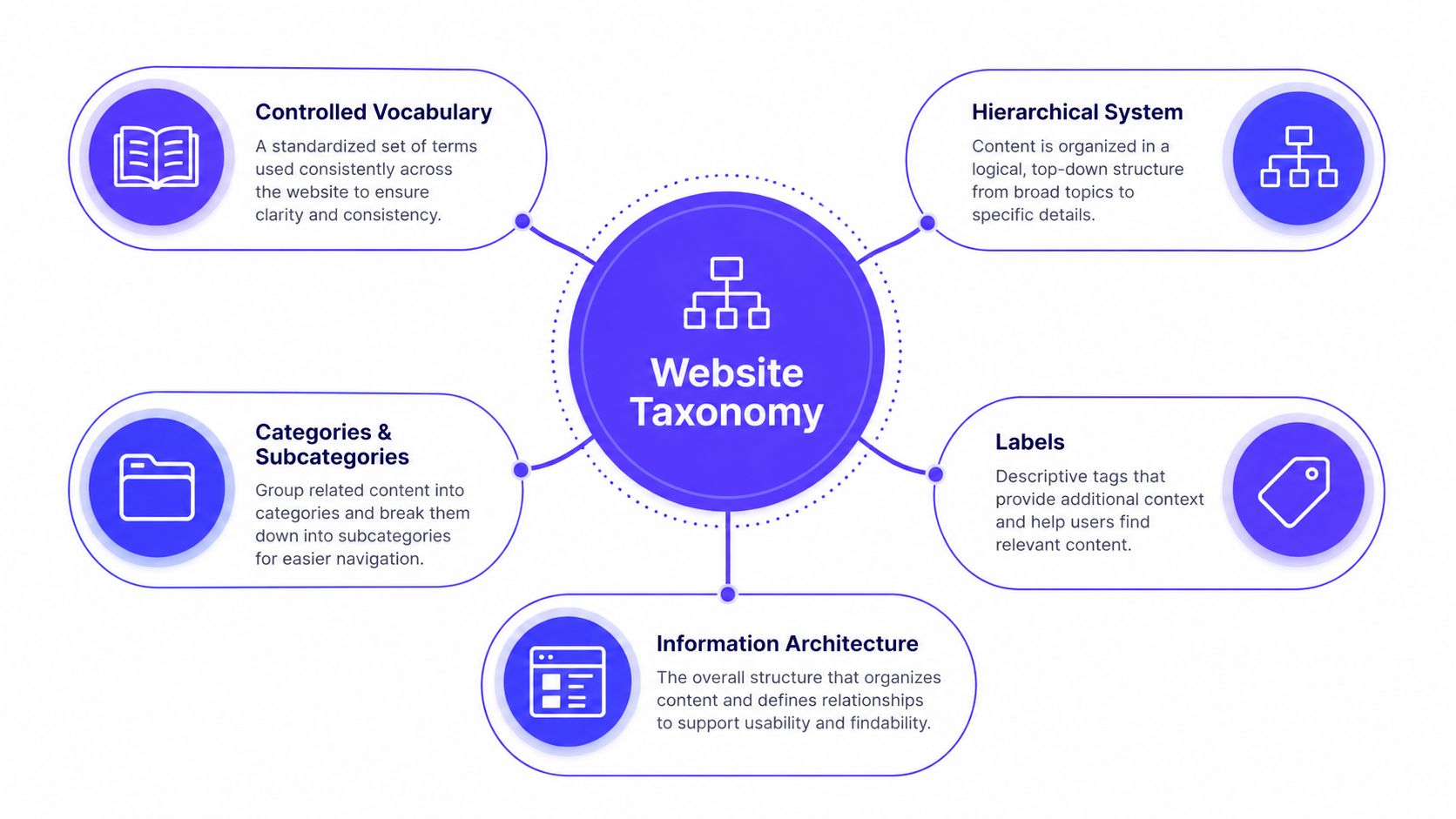 A diagram illustrating five key components of website taxonomy including structure, labeling, and information architecture.