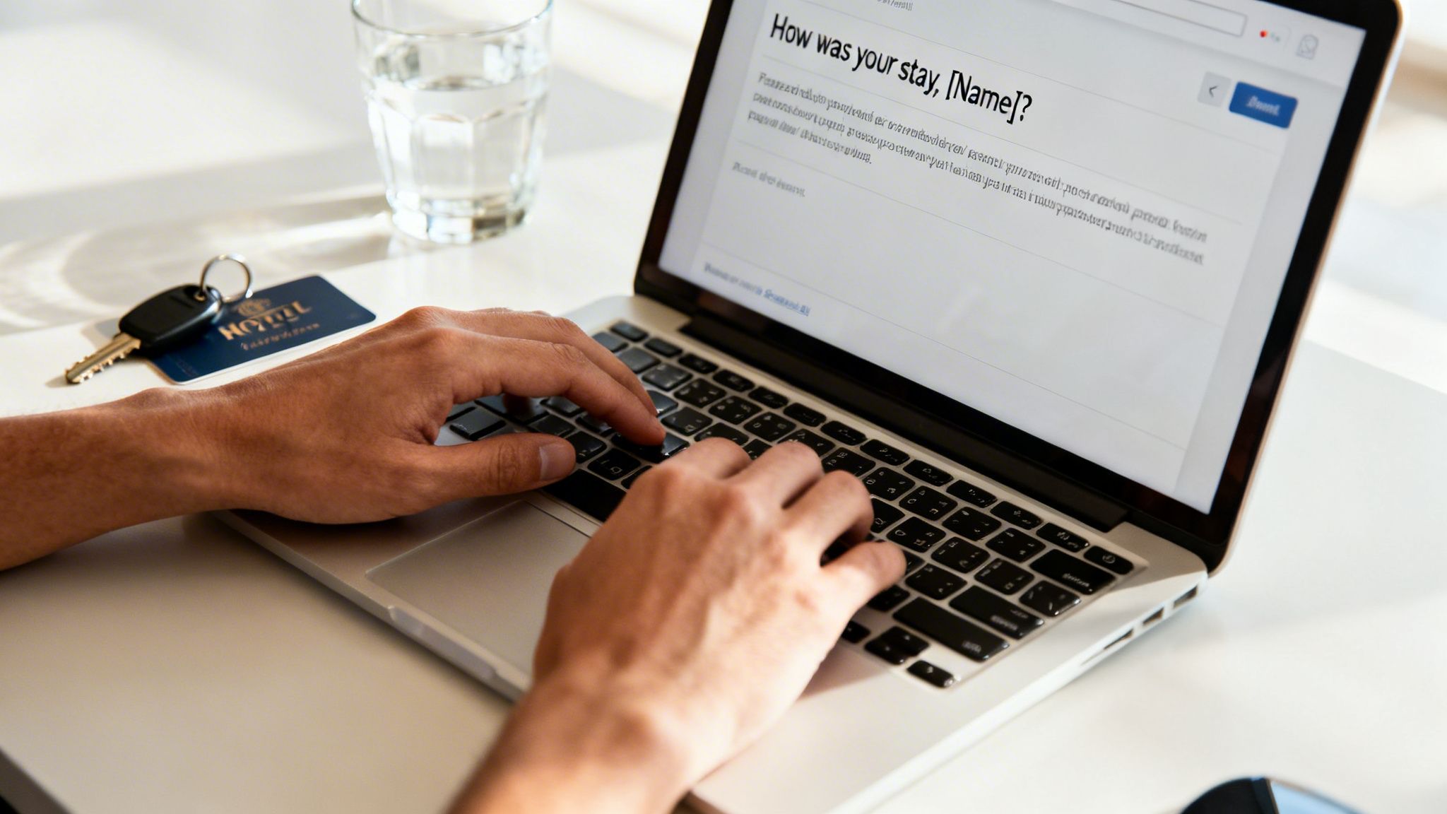 Person typing on a laptop, filling out a hotel feedback form, with keys and a glass of water on the desk.