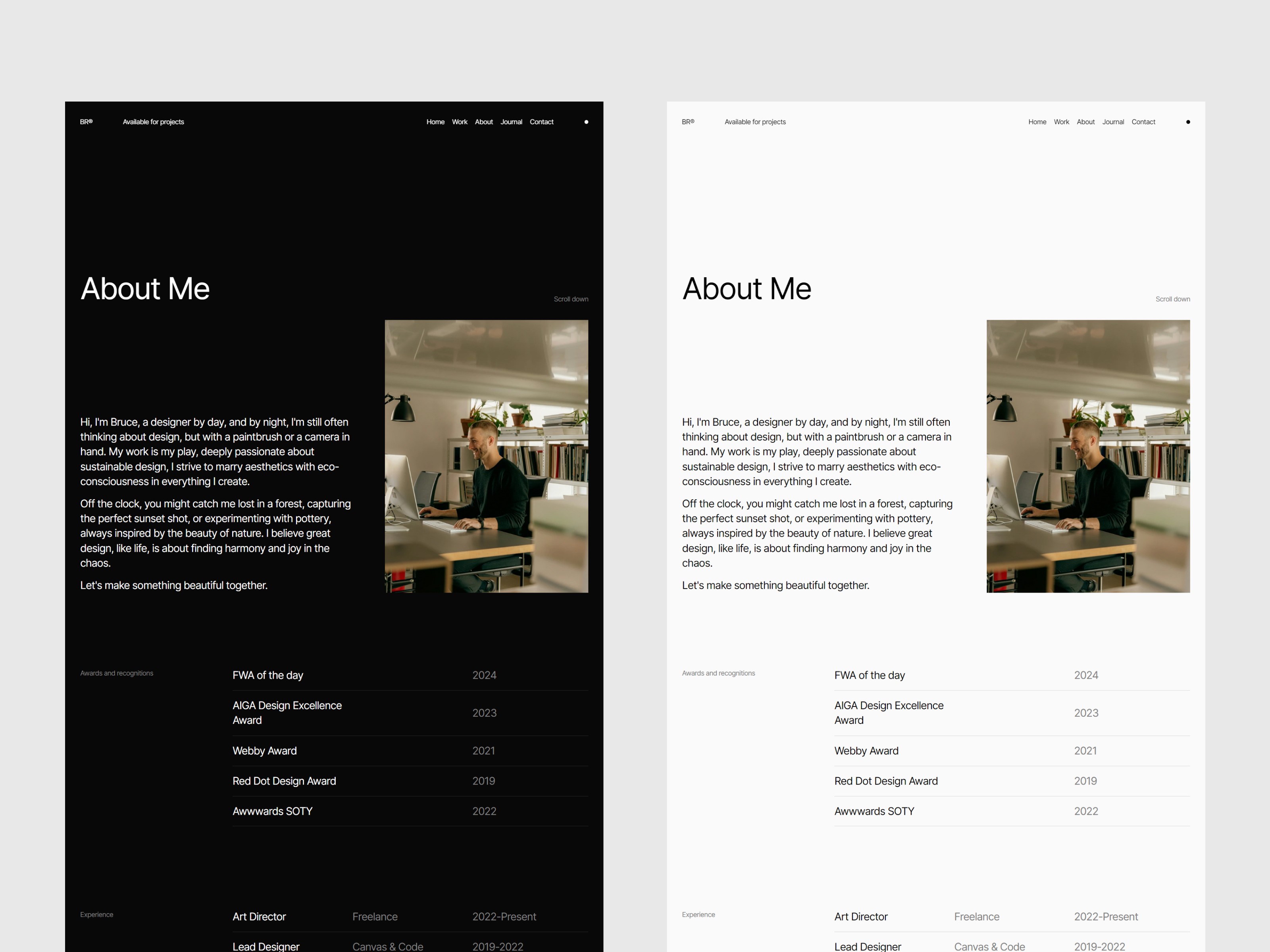 Bruce Framer portfolio template about page