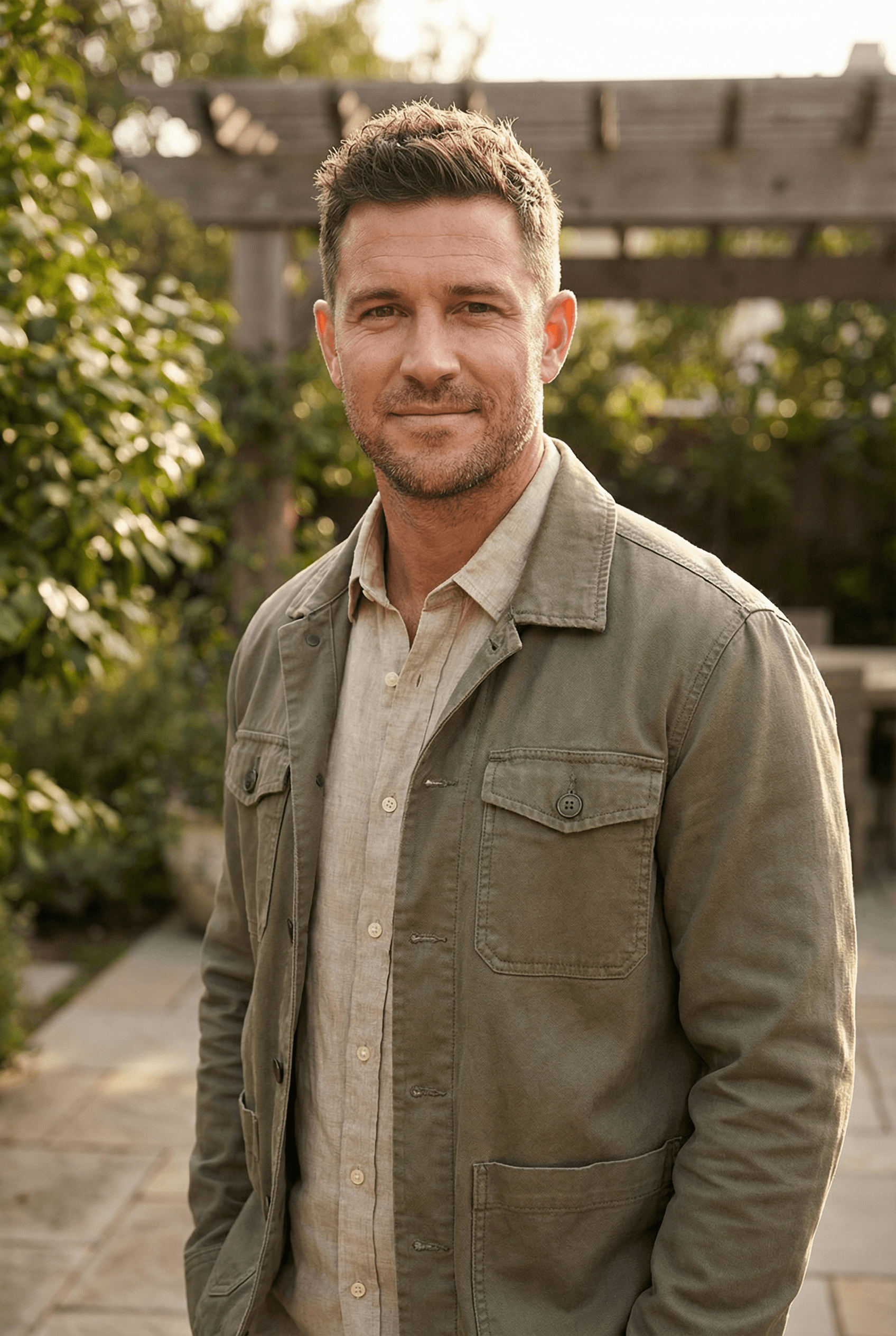 Smiling young man with short hair poses against a dark background, wearing a green button-up shirt.