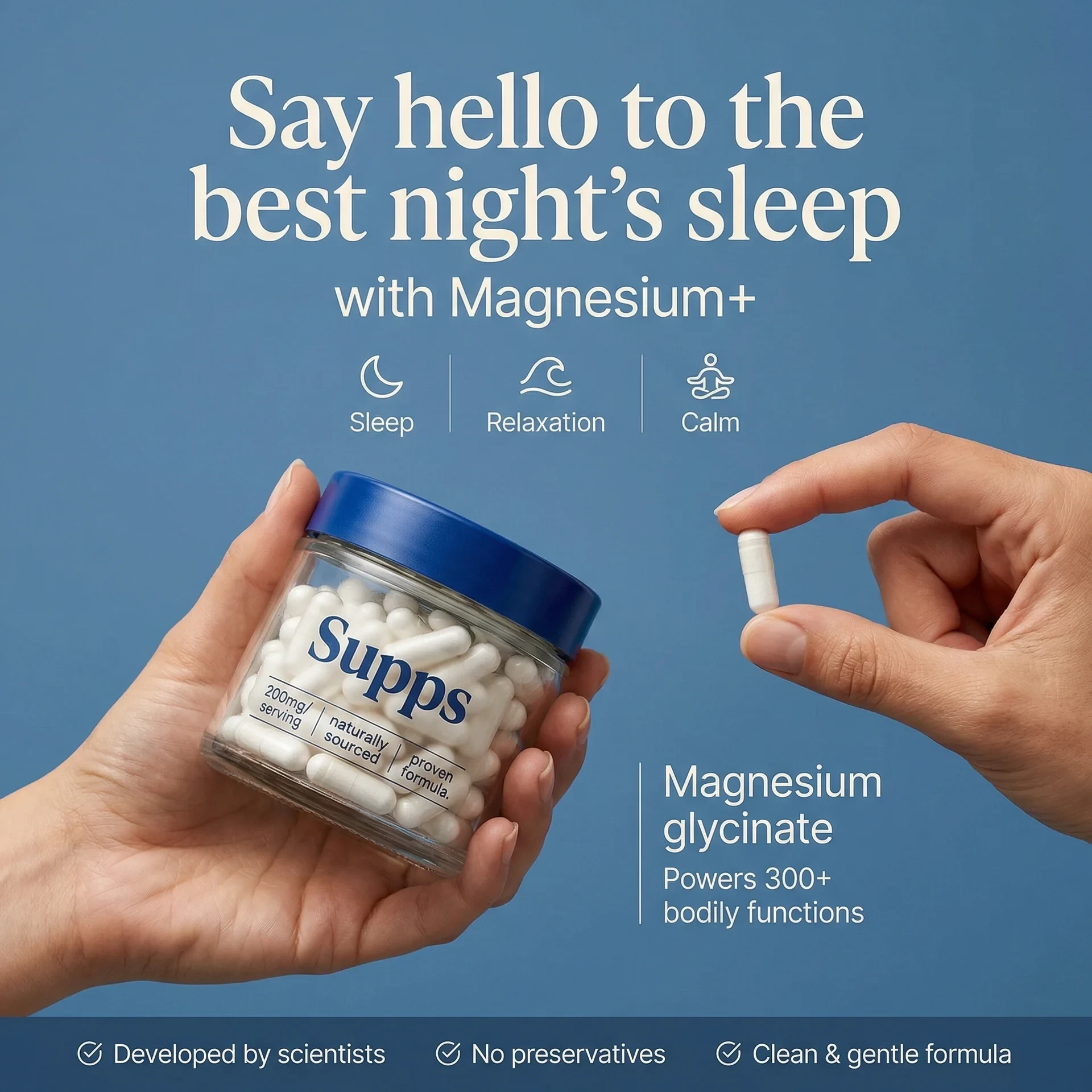 Meta supplement ad creative showing magnesium capsules jar with hand interaction, sleep benefits messaging, and clean blue background for DTC wellness marketing
