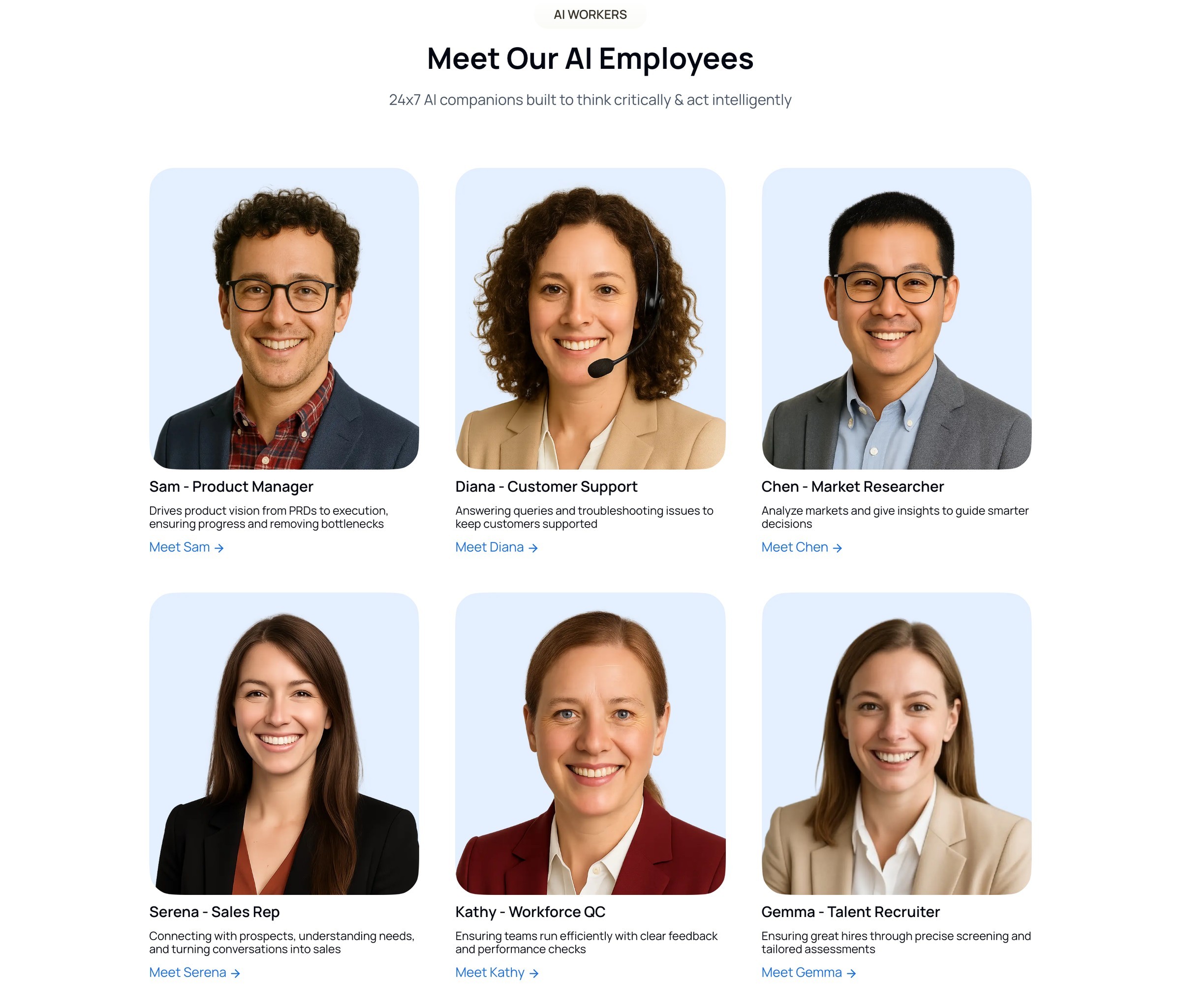Meet Our AI Employees: six cards with a portrait, a name and role such as Sam - Product Manager, one line of value and a Meet link