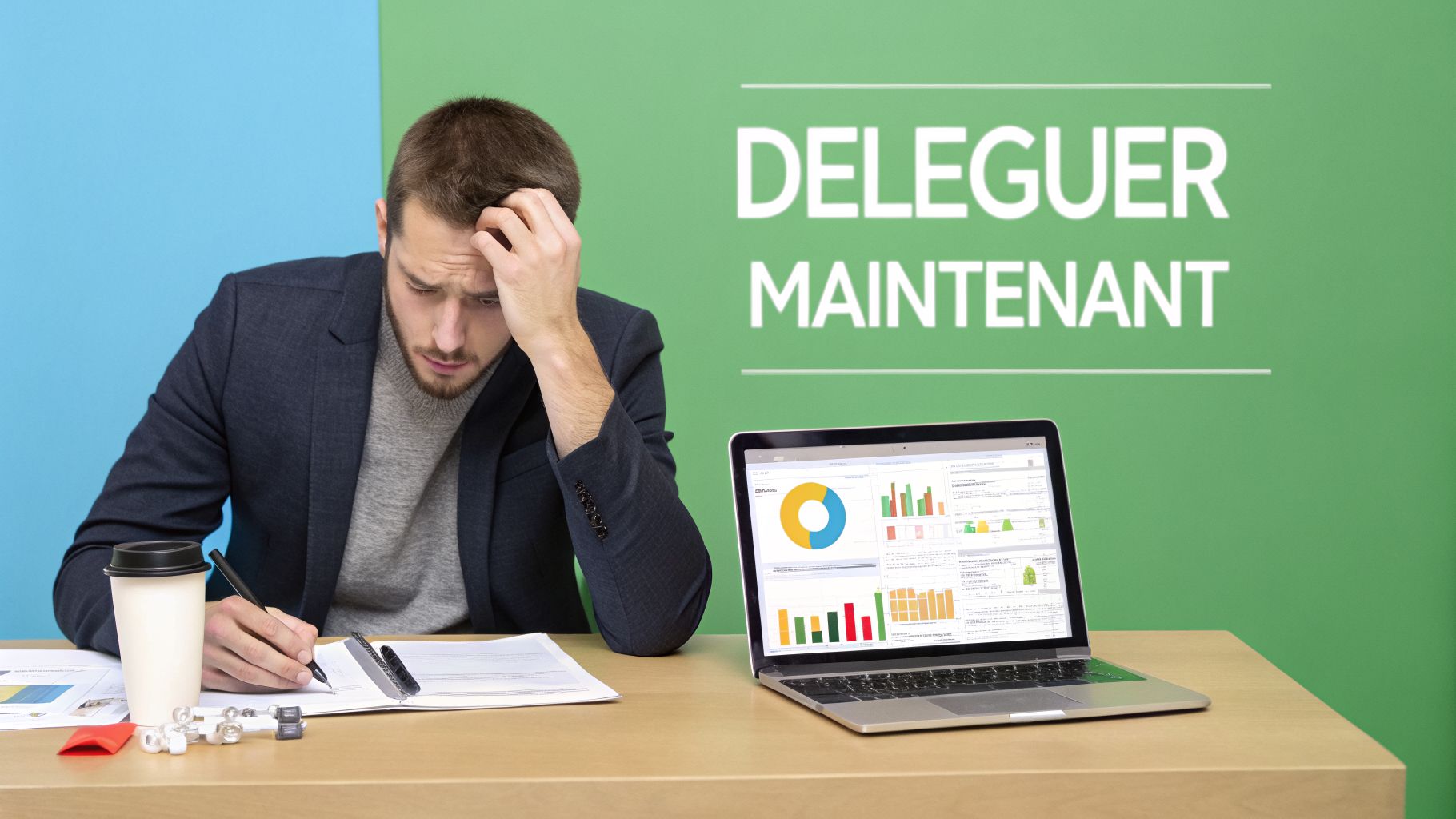 Un homme d'affaires stressé travaillant sur des documents et un ordinateur portable, avec le texte 'DELEGUER MAINTENANT'.