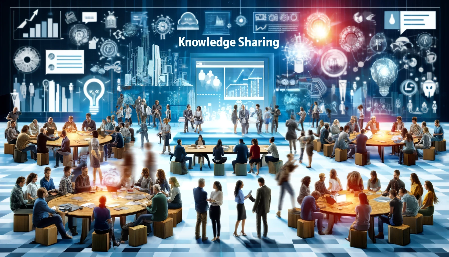 The image depicts a vibrant and dynamic knowledge-sharing event or conference, characterized by its modern and high-tech environment. Key elements of the image include:  Event Setting:  Large Open Space: The event takes place in a spacious and well-lit area, with ample room for various activities and interactions. Digital Screens and Graphics: The background features large digital screens displaying various graphics, charts, and icons related to knowledge sharing, innovation, and technology. These screens add a futuristic and interactive element to the setting. Participants and Activities:  Diverse Crowd: A large number of people from different backgrounds are participating in the event, indicating a diverse and inclusive gathering. Round Tables: Participants are seated at multiple round tables, engaging in discussions, brainstorming sessions, and collaborative activities. This setup promotes interaction and exchange of ideas. Standing and Mingling: Some participants are standing and mingling, networking with others, and exchanging information, highlighting the social aspect of the event. Technology and Innovation:  High-Tech Elements: The presence of holographic displays, interactive panels, and digital devices underscores the focus on technology and innovation. Participants are seen using laptops and tablets, emphasizing the integration of digital tools in the event. Knowledge Sharing Theme: The phrase "Knowledge Sharing" is prominently displayed, indicating the primary theme and purpose of the gathering. The surrounding graphics include light bulbs, gears, charts, and other symbols of ideas and innovation. Collaboration and Learning:  Active Engagement: Participants are actively engaged in discussions, workshops, and presentations, reflecting a dynamic and collaborative atmosphere. Educational Content: The digital screens display educational content, including data visualizations, research findings, and instructional diagrams, supporting the knowledge-sharing objective. Modern and Futuristic Design:  Sleek Interior: The interior design is sleek and modern, with a combination of blue and white tones creating a professional and contemporary ambiance. Innovative Seating: The seating arrangement with round tables and stools is designed to facilitate group interaction and ease of movement. Interactive Environment:  Interactive Sessions: Various small groups are involved in interactive sessions, including workshops, presentations, and panel discussions. This fosters an environment of active learning and participation. Networking Opportunities: The setup encourages networking and informal discussions, providing ample opportunities for participants to connect and share knowledge. Overall, the image portrays a highly engaging and technologically advanced knowledge-sharing event, emphasizing collaboration, innovation, and the exchange of ideas in a modern and interactive setting. The diverse participation and dynamic activities reflect a vibrant community focused on learning and growth.