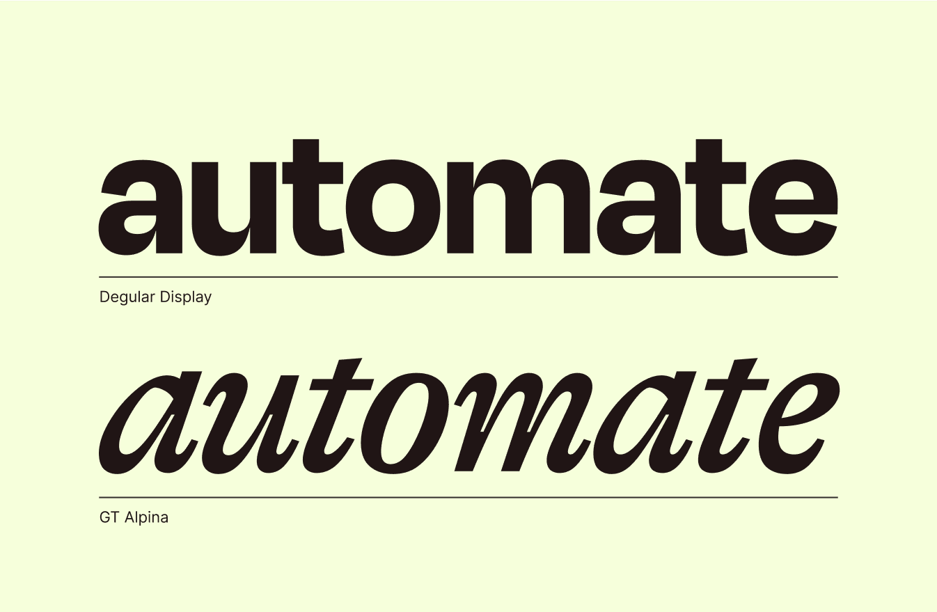 Display of the word "automate" in two typefaces: Degular Display and GT Alpina