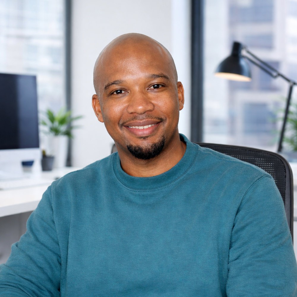 Confident african american man with blue sweatshirt posing for a photo in his office