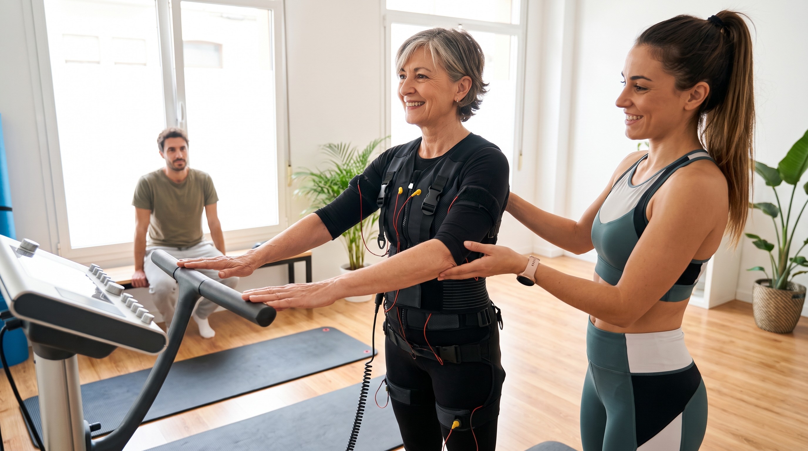 cliente over 55 con Biotuta EMS durante sessione guidata da istruttore certificato AIF