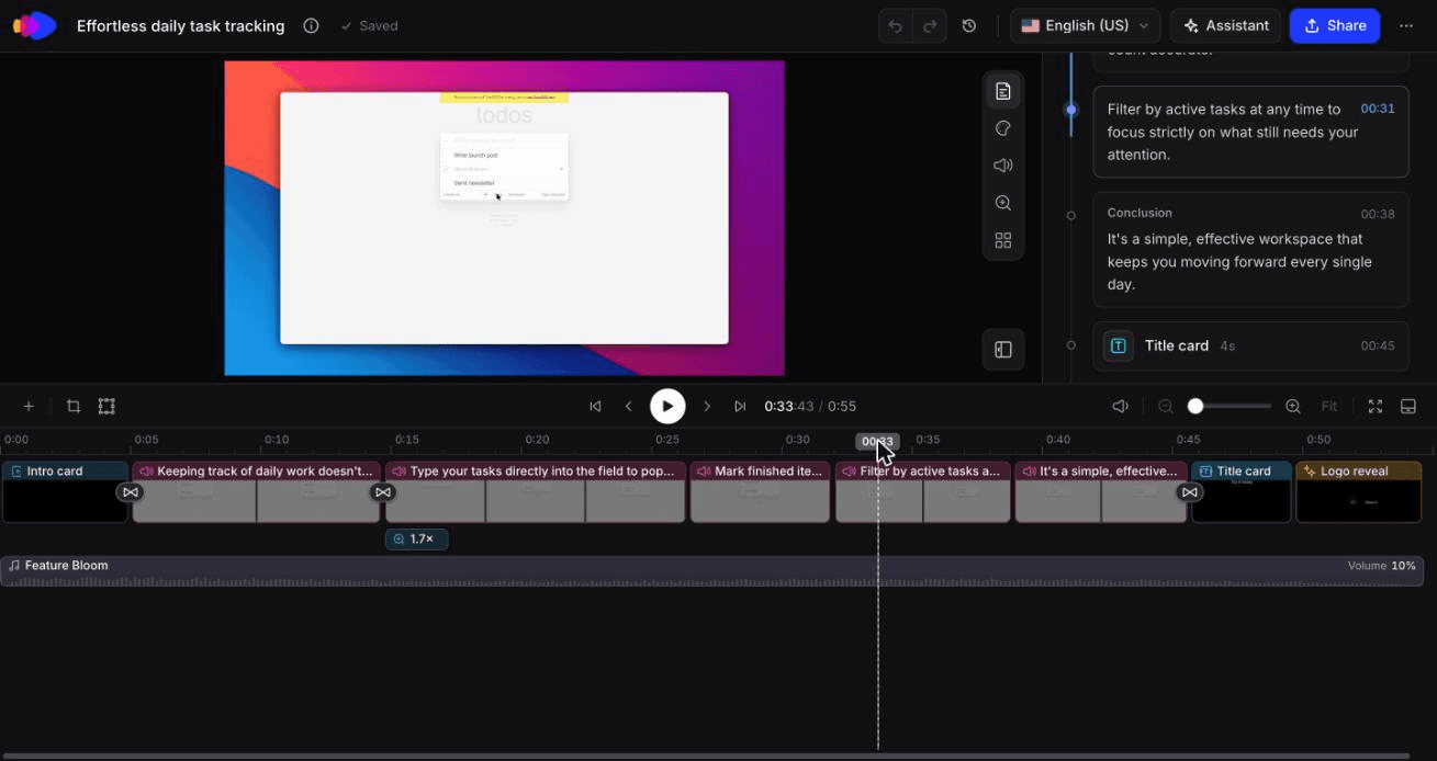 A product demo in Clevera's timeline editor: intro card, zoomed UI clips, title card and the narration script
