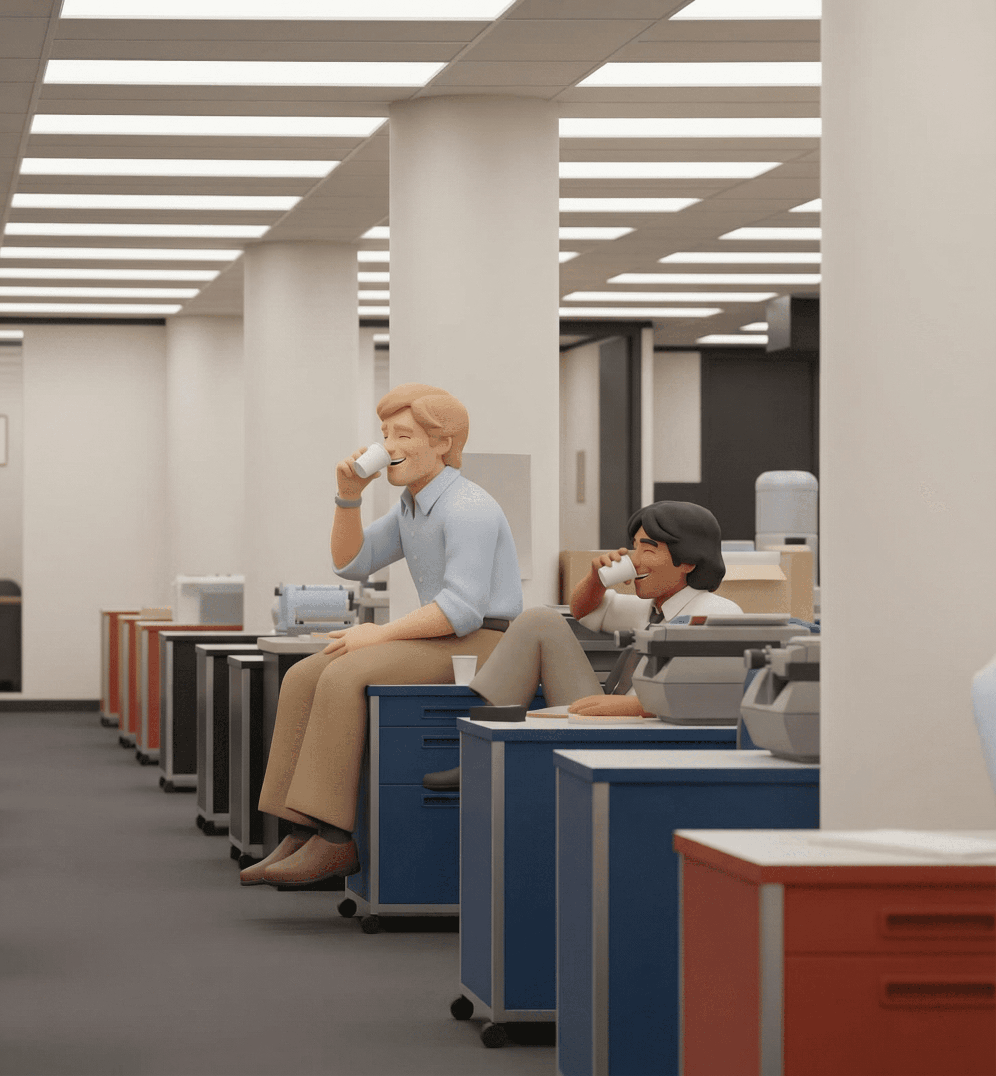 Team of three employees having a meeting at a table in a bright modern office.