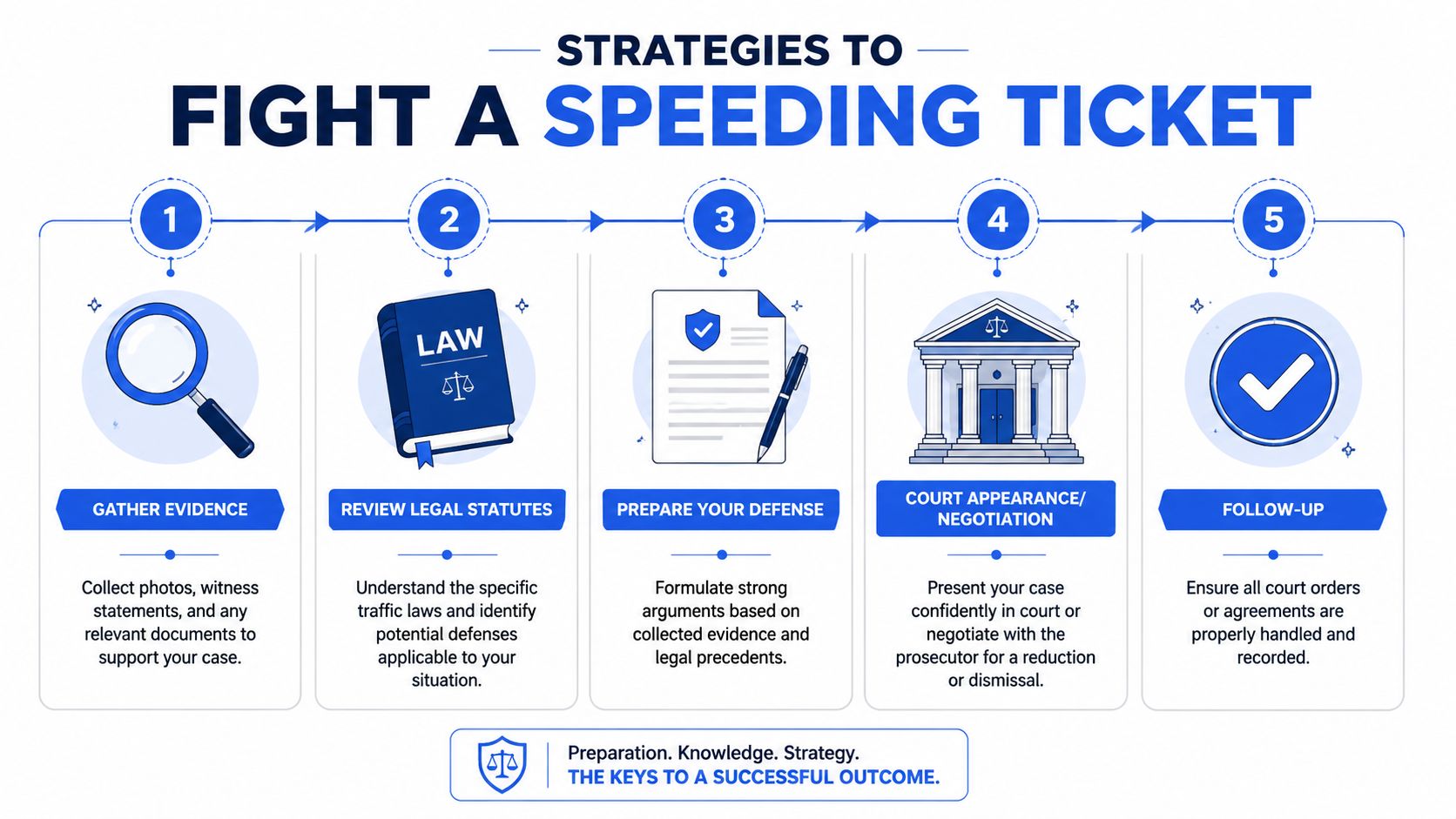 An infographic showing five numbered steps on how to fight a speeding ticket effectively in court.