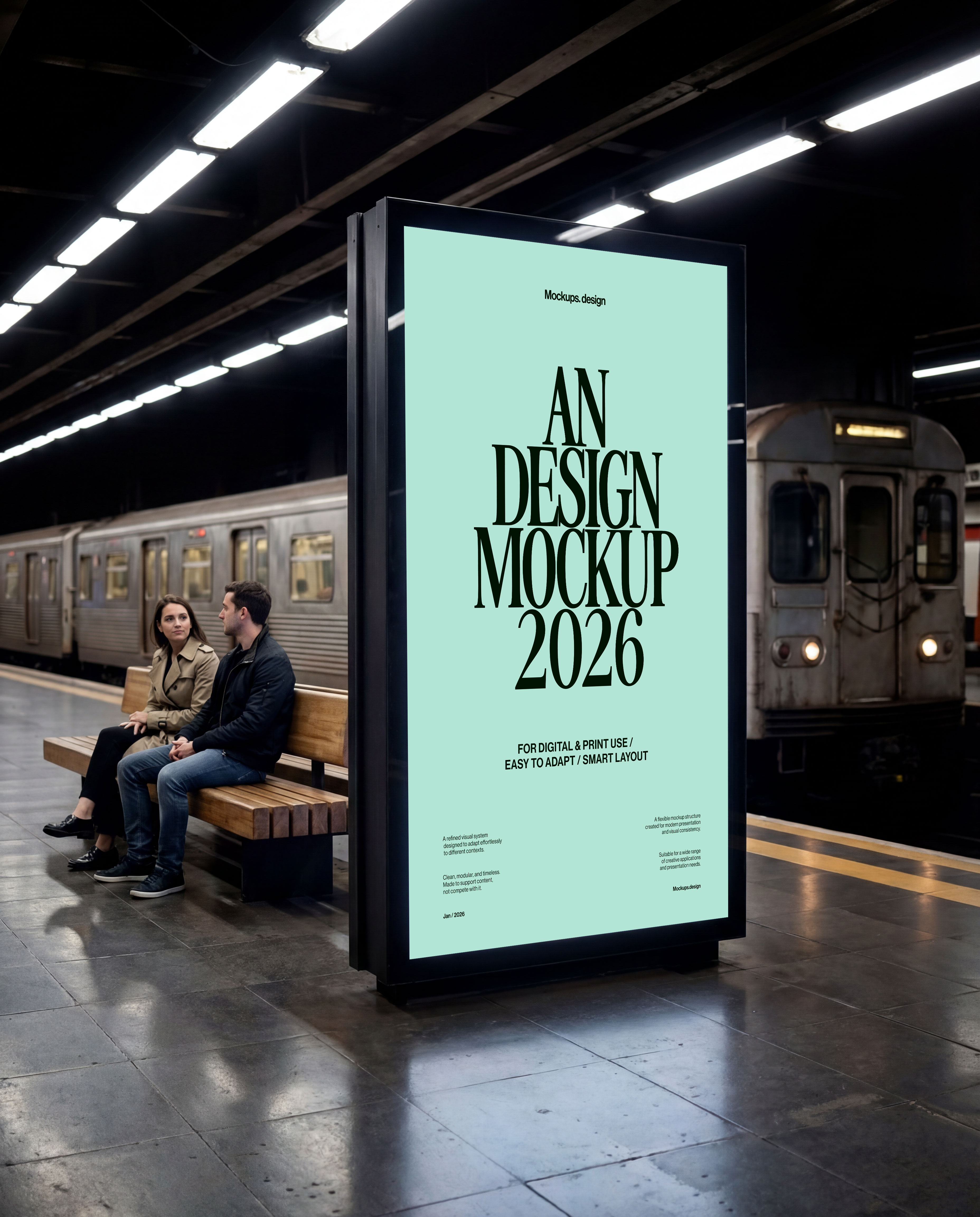 Citylight poster mockup at train station, urban city scene