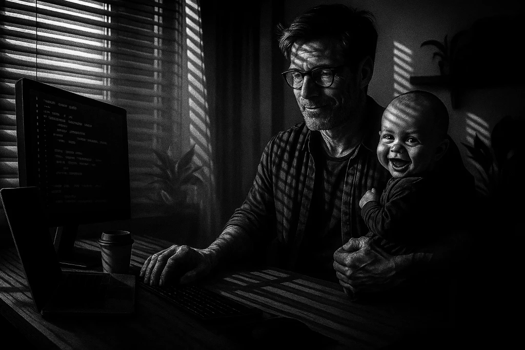 developer father working from home with smiling baby
