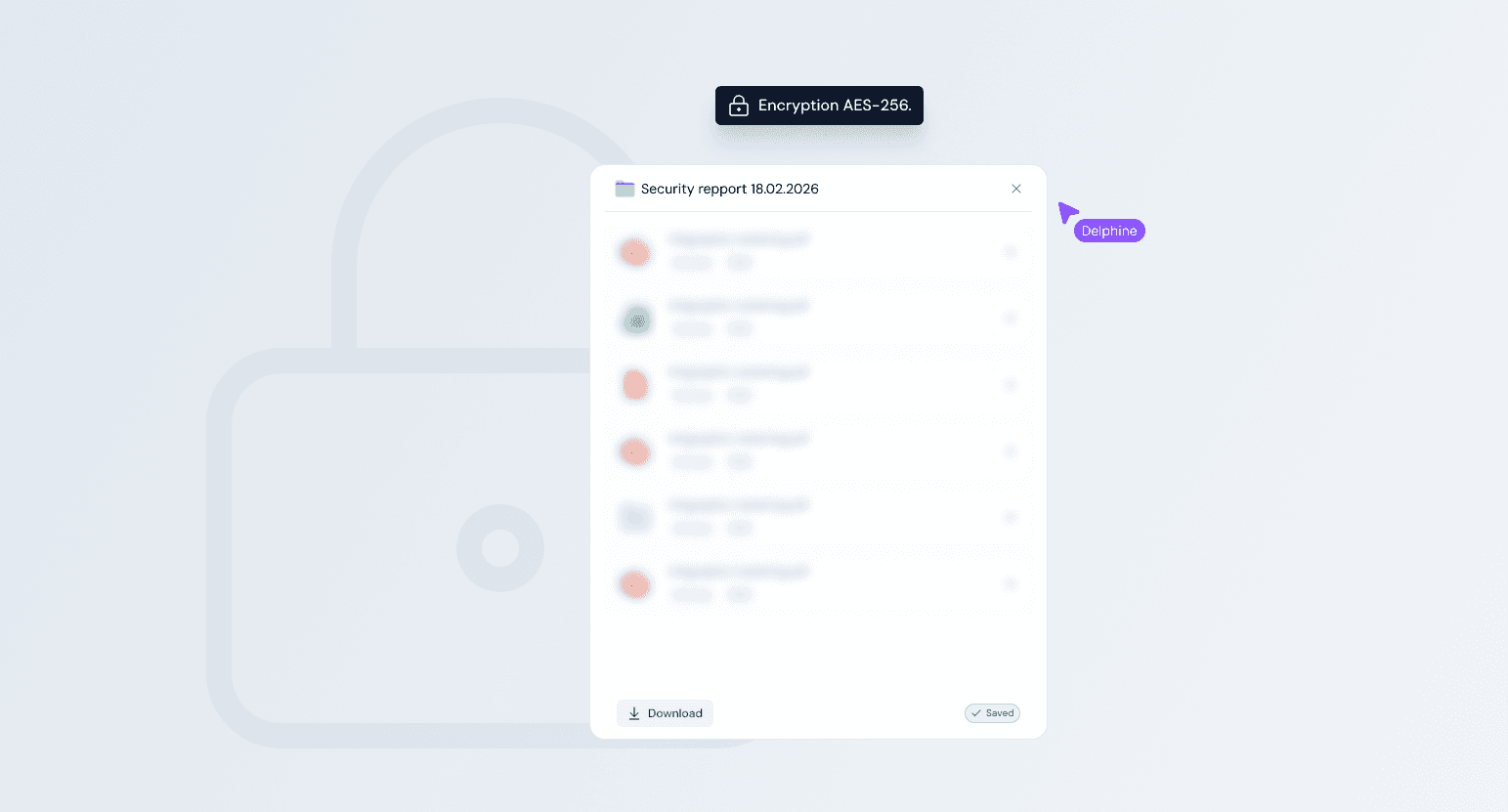 Security report panel dated February 2026 showing encrypted backup entries with AES-256 encryption badge and download option