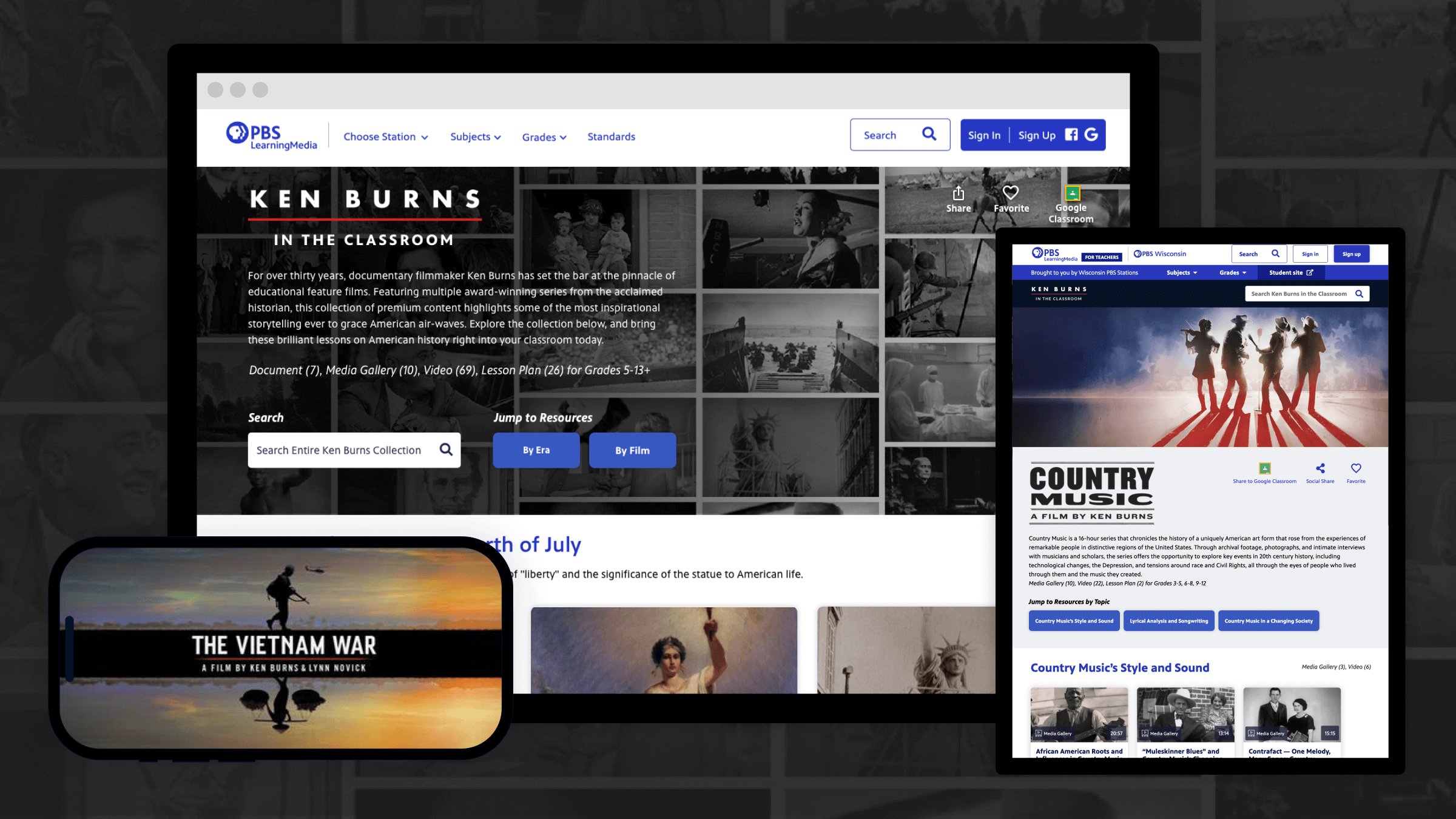 Ken Burns in the Classroom across a laptop, tablet, and phone