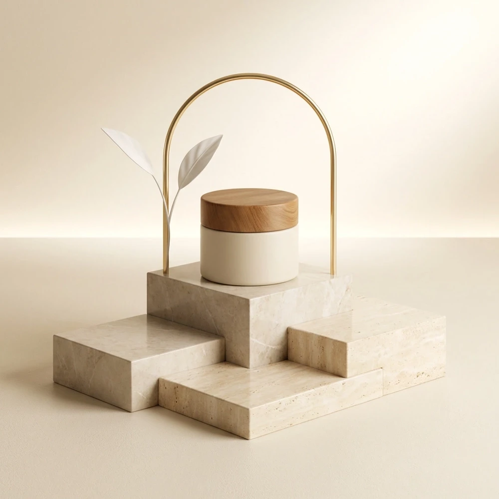 A minimalist cream-colored ceramic skincare jar with a wooden lid resting on a beige block.