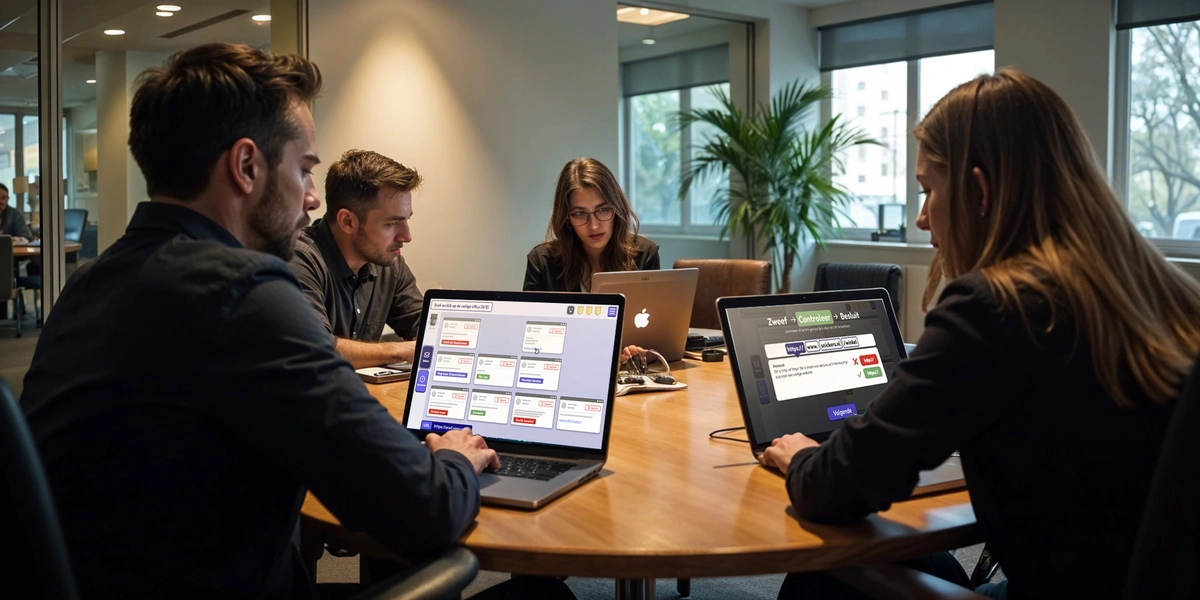 Medewerkers spelen het Clickventure spel op hun laptops