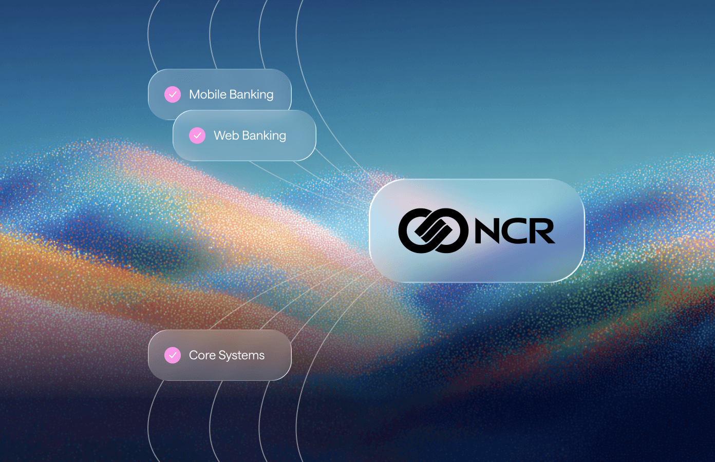 Abstract hero image showing a dynamic wave of orange and blue particles on a gradient background.