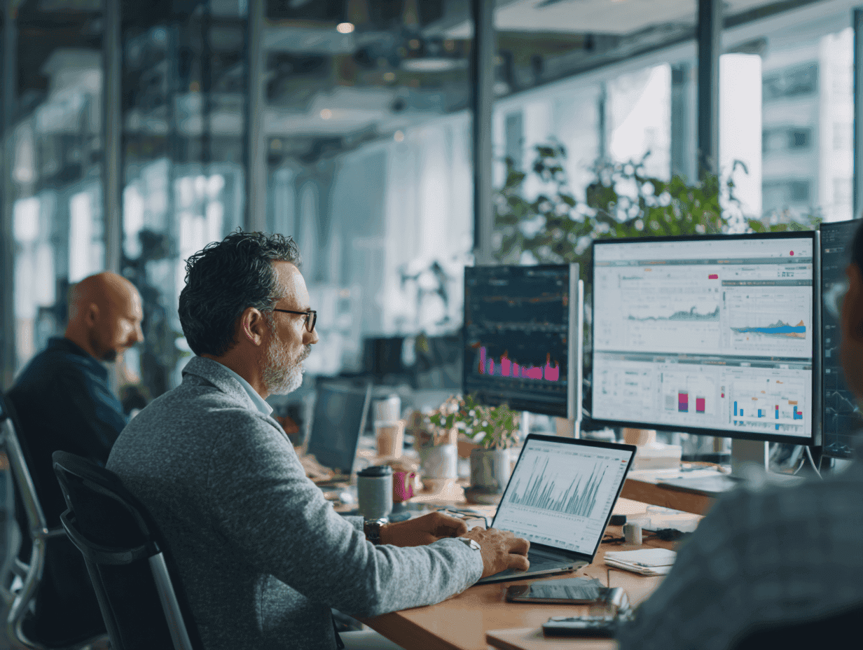 A focused and thoughtful scene of business analysts reviewing financial dashboards and charts on laptops and large screens