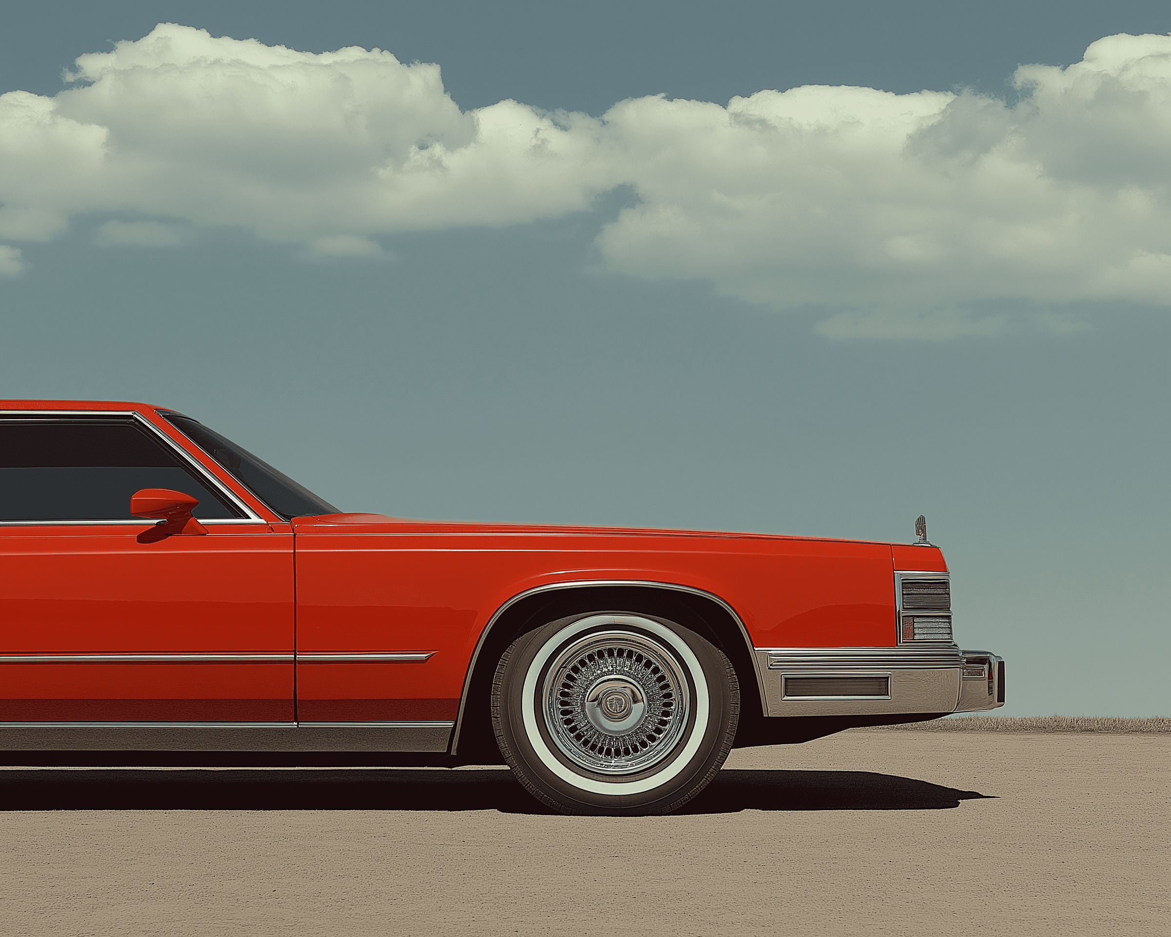 Side profile of a classic red vintage car with chrome accents parked on a sandy road under a clear blue sky with fluffy white clouds.