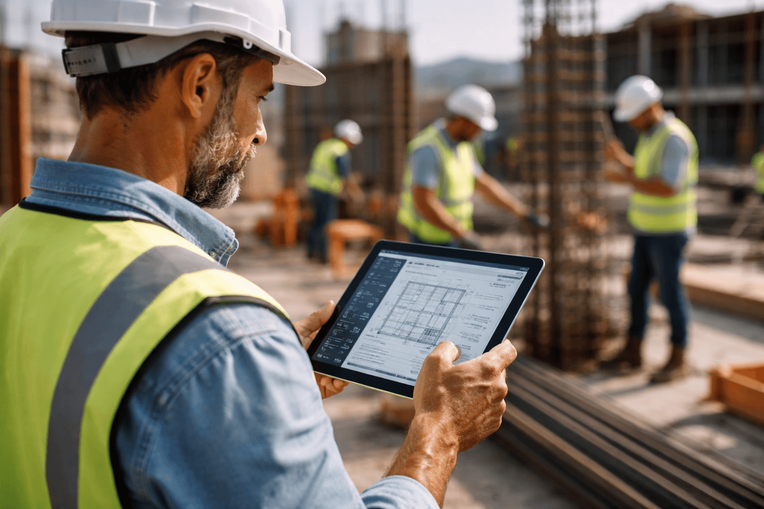 Construction manager using a tablet to manage project scheduling, safety checklists, and field reporting