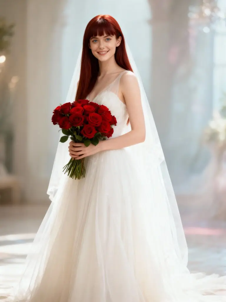 Woman in white wedding gown, veil, holding red roses, Seedream 4.0 Free.