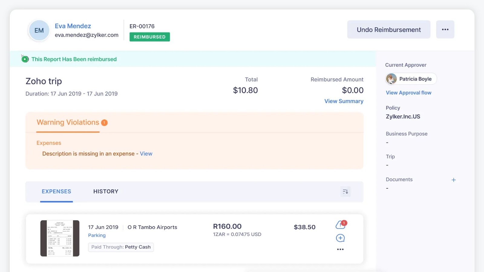 Zoho's expense report approval and reimbursement