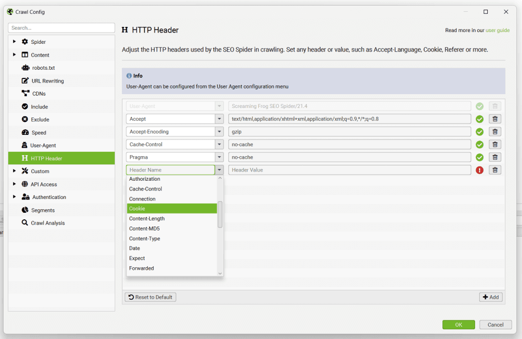 Crawl-Konfiguration in Screaming Frog für HTTP-Header mit eigenem Header für die Shopify-Web-Bot-Auth-Signatur
