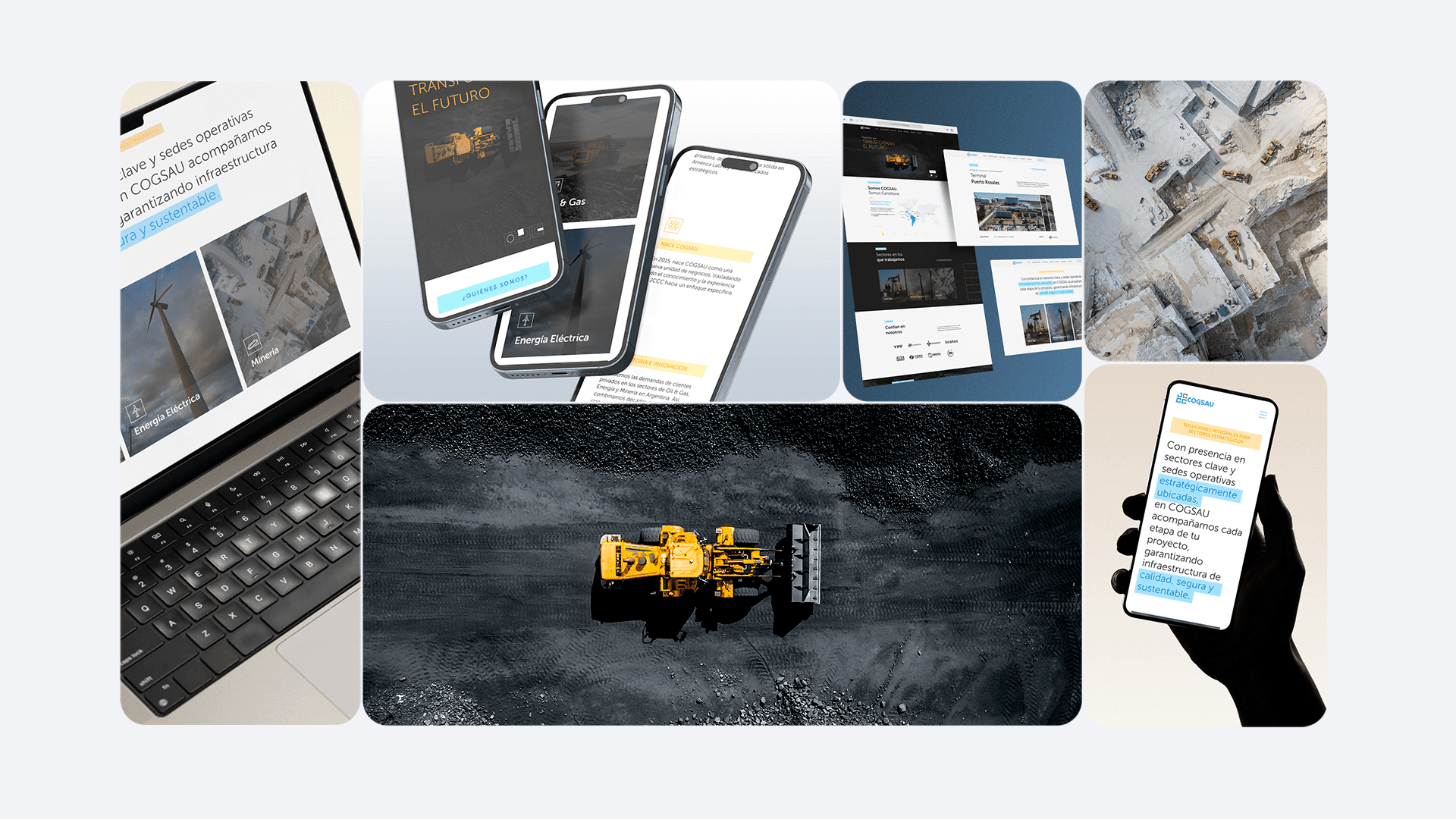 Collage que integra tecnología y construcción: mockups en laptop, apps de obra en móviles y tomas aéreas de maquinaria.
