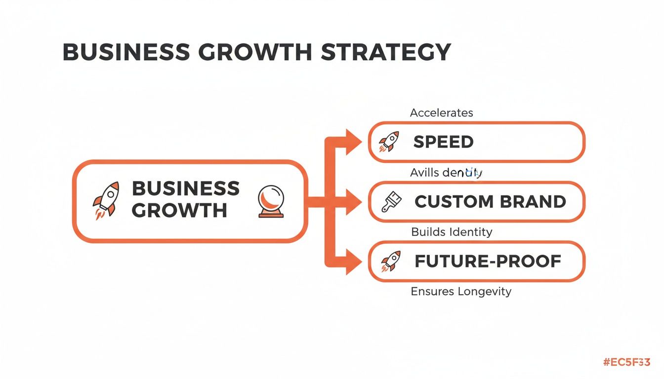 Flowchart illustrating a business growth strategy, emphasizing speed, custom brand, and future-proofing for longevity.