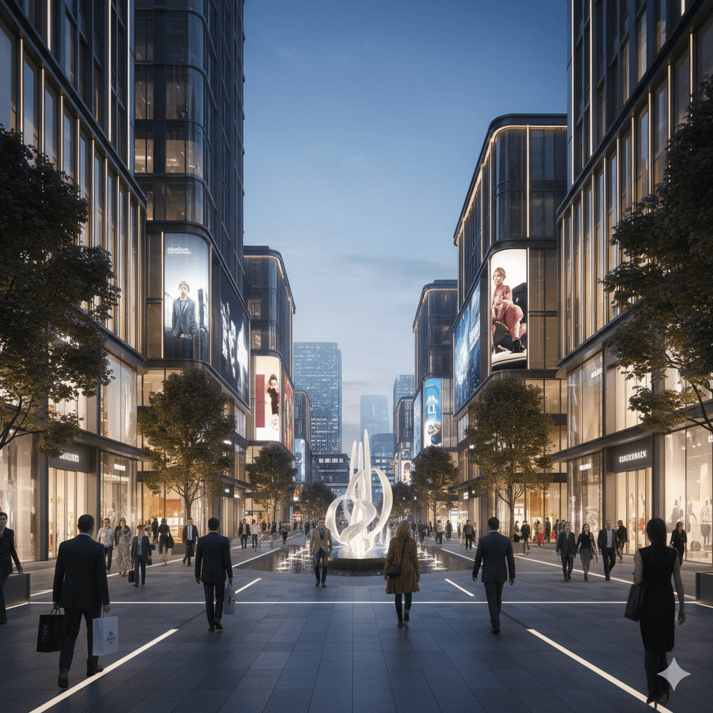 Modern luxury high-street retail boulevard with premium glass storefronts in Sector 43 Gurugram