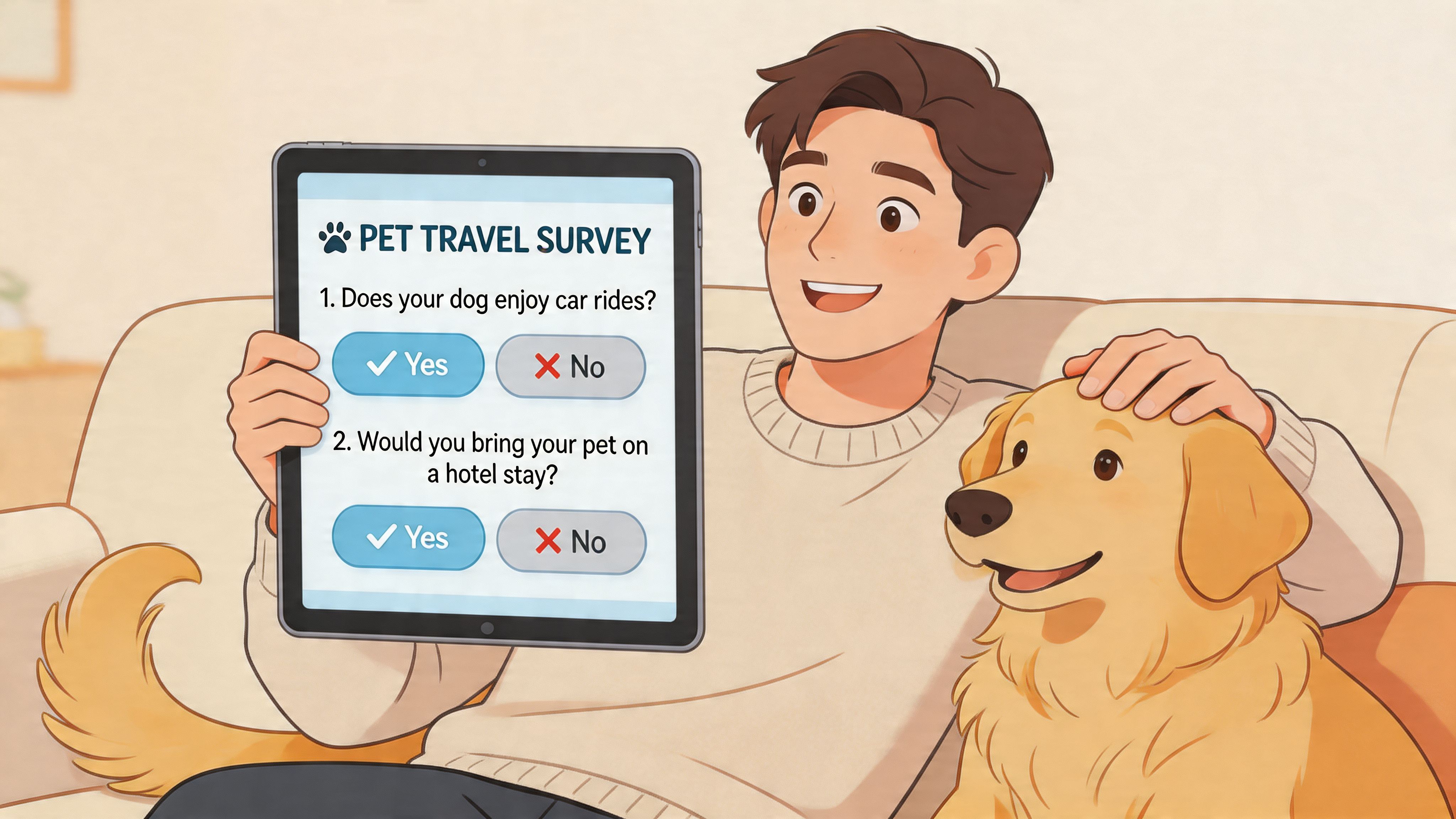 A happy young man holding a tablet with a pet travel survey while petting his golden retriever.