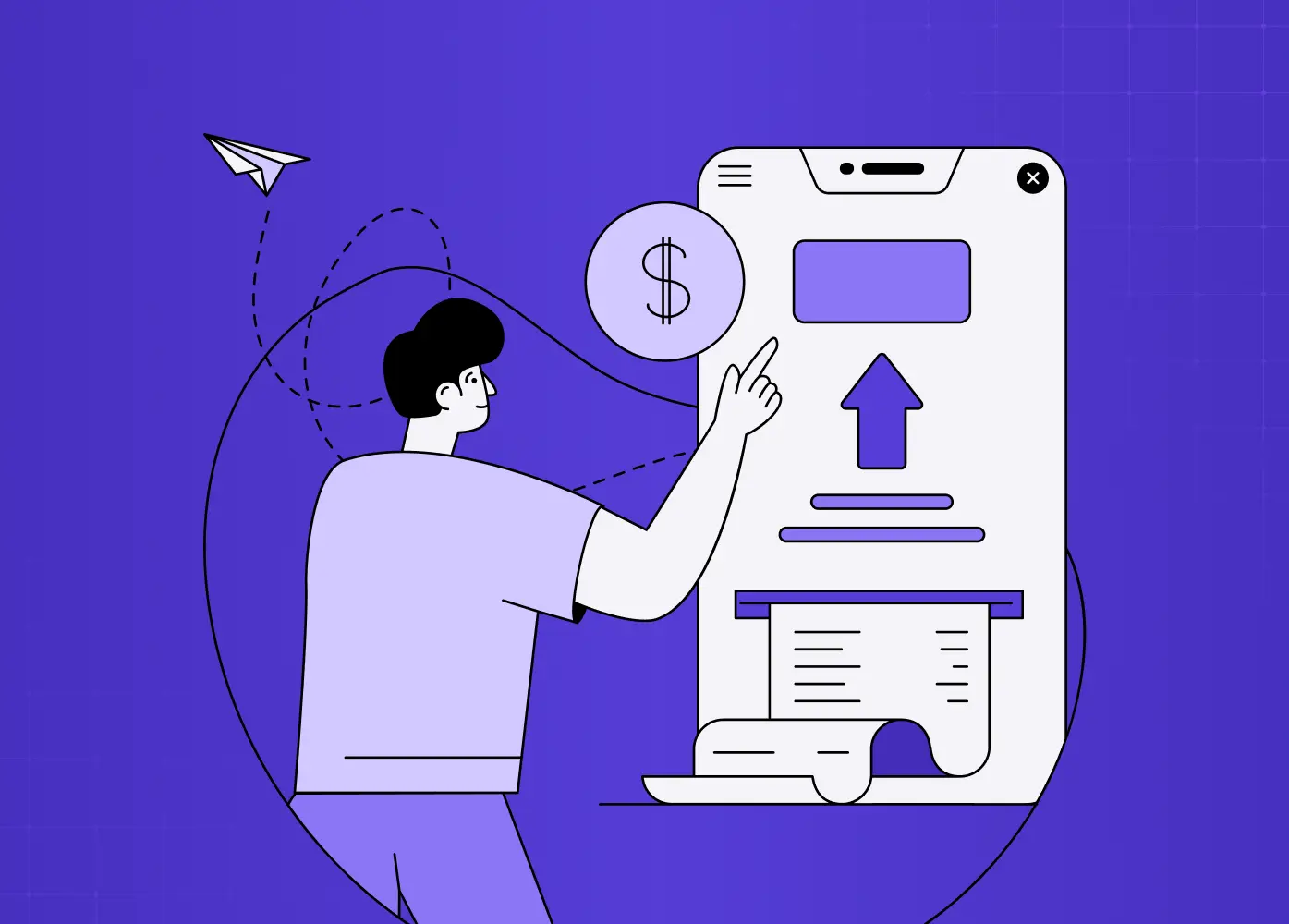 UX debt illustration showing a person interacting with a digital interface, symbolizing design decisions, usability, and product investment. 